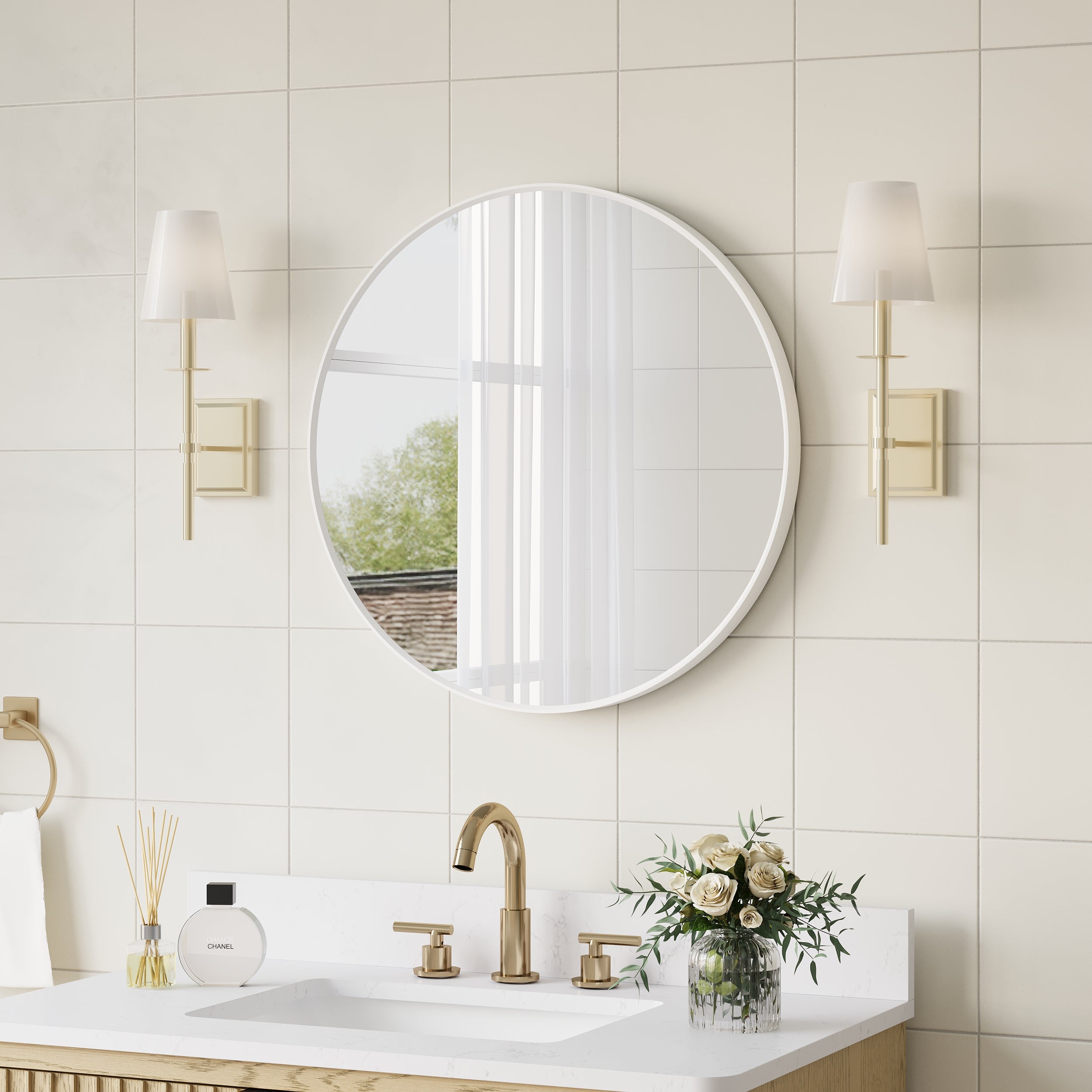 24 in. W x 24 in. H White Modern Bathroom Mirror Round Framed Aluminum Wall Mirror