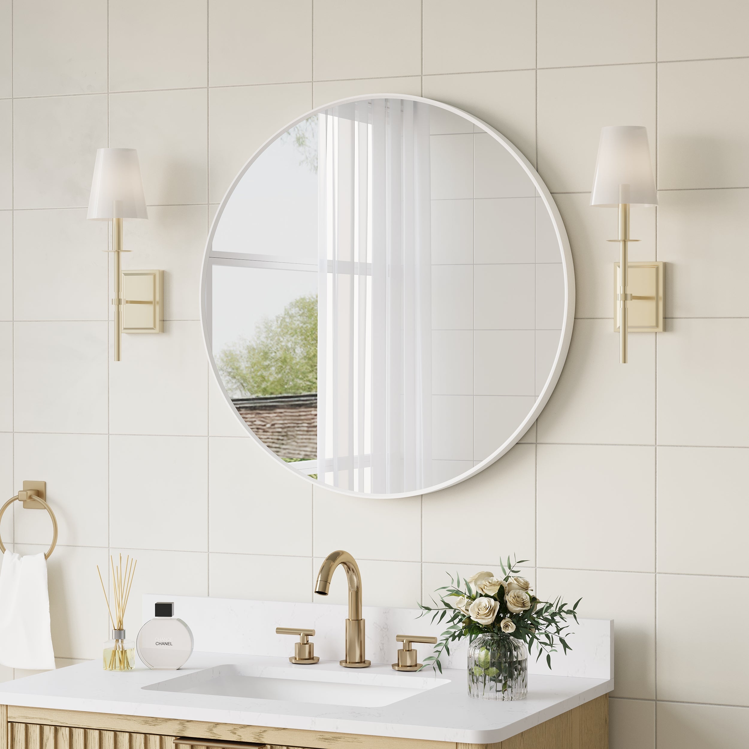28 in. W x 28 in. H White Modern Bathroom Mirror Round Framed Aluminum Wall Mirror