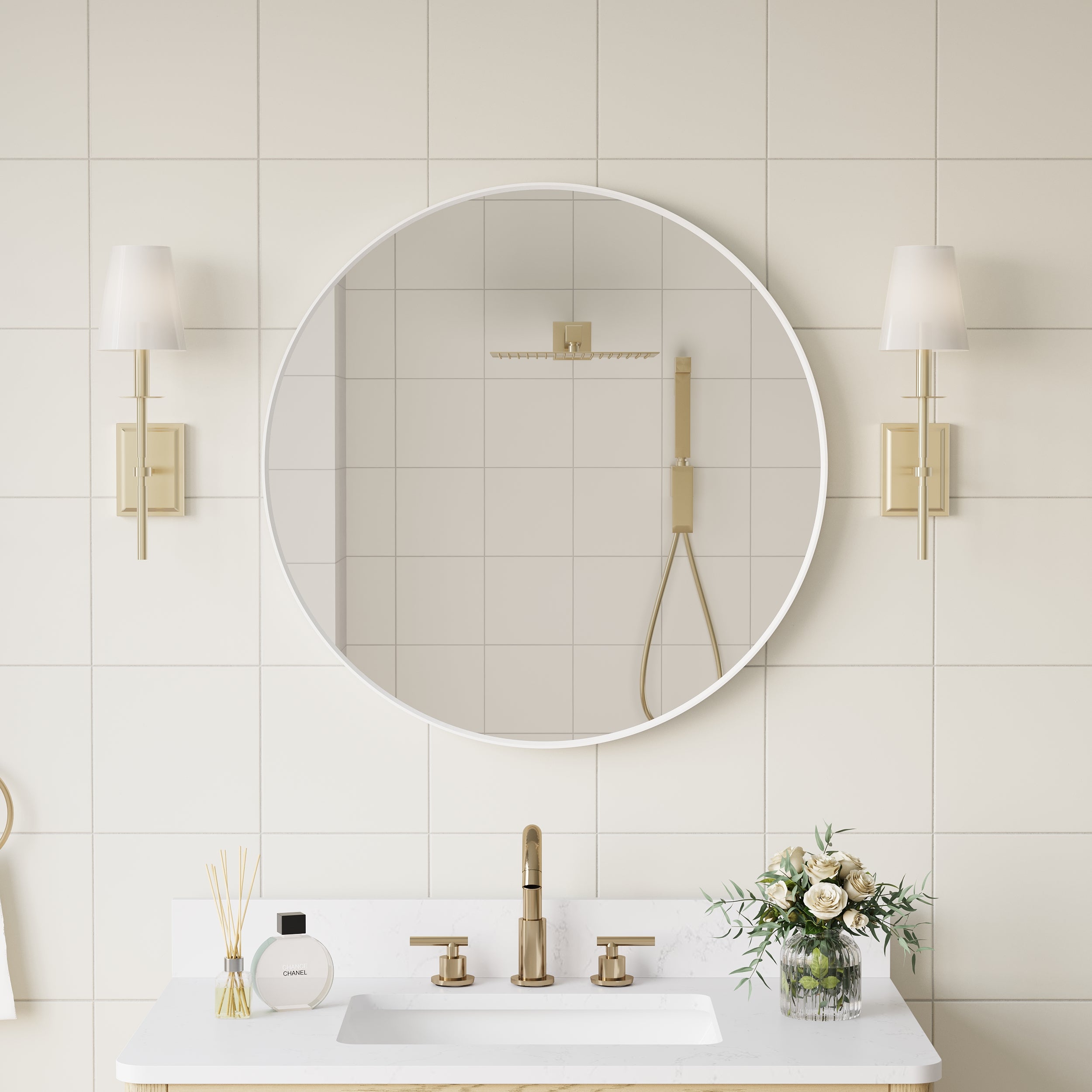 28 in. W x 28 in. H White Modern Bathroom Mirror Round Framed Aluminum Wall Mirror