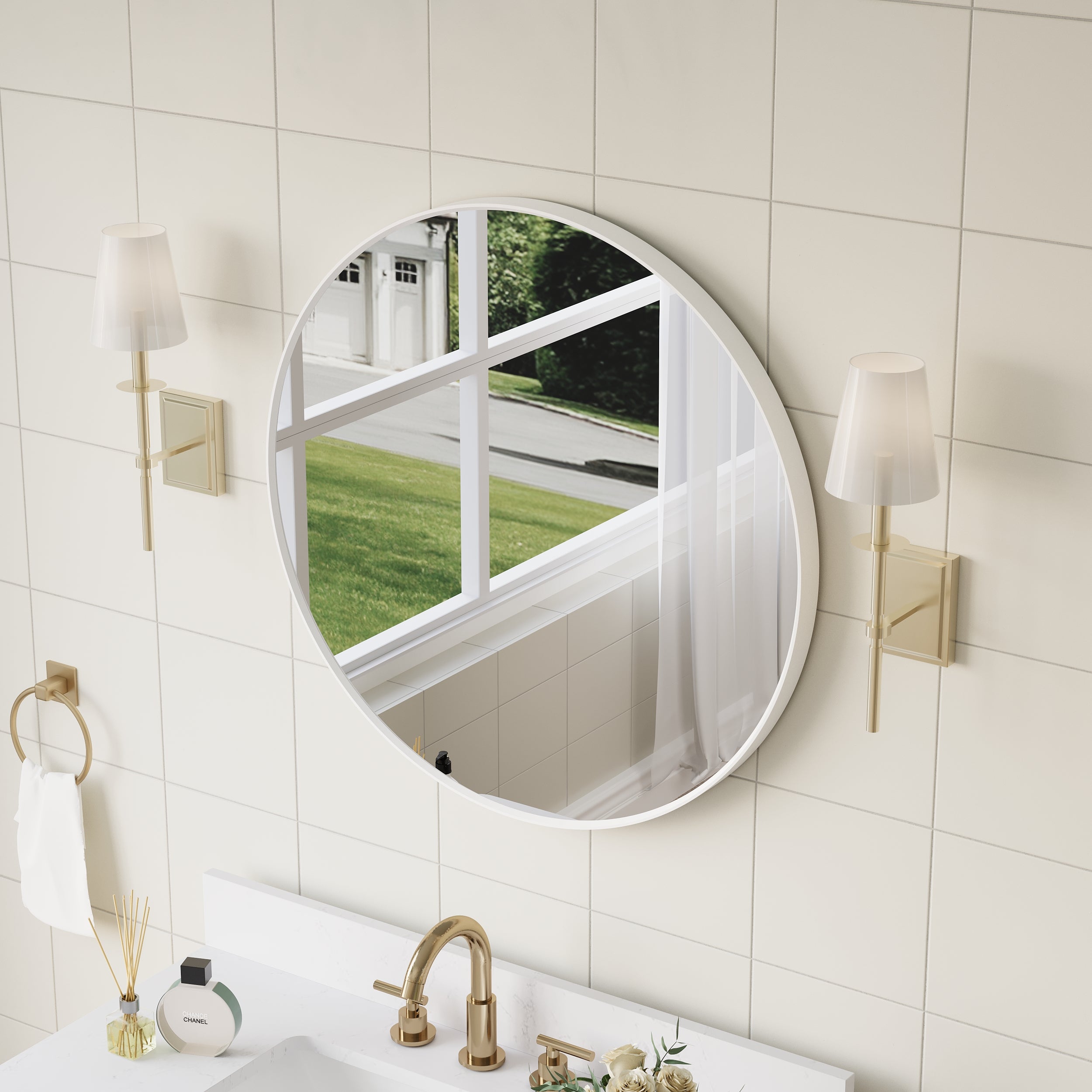 28 in. W x 28 in. H White Modern Bathroom Mirror Round Framed Aluminum Wall Mirror