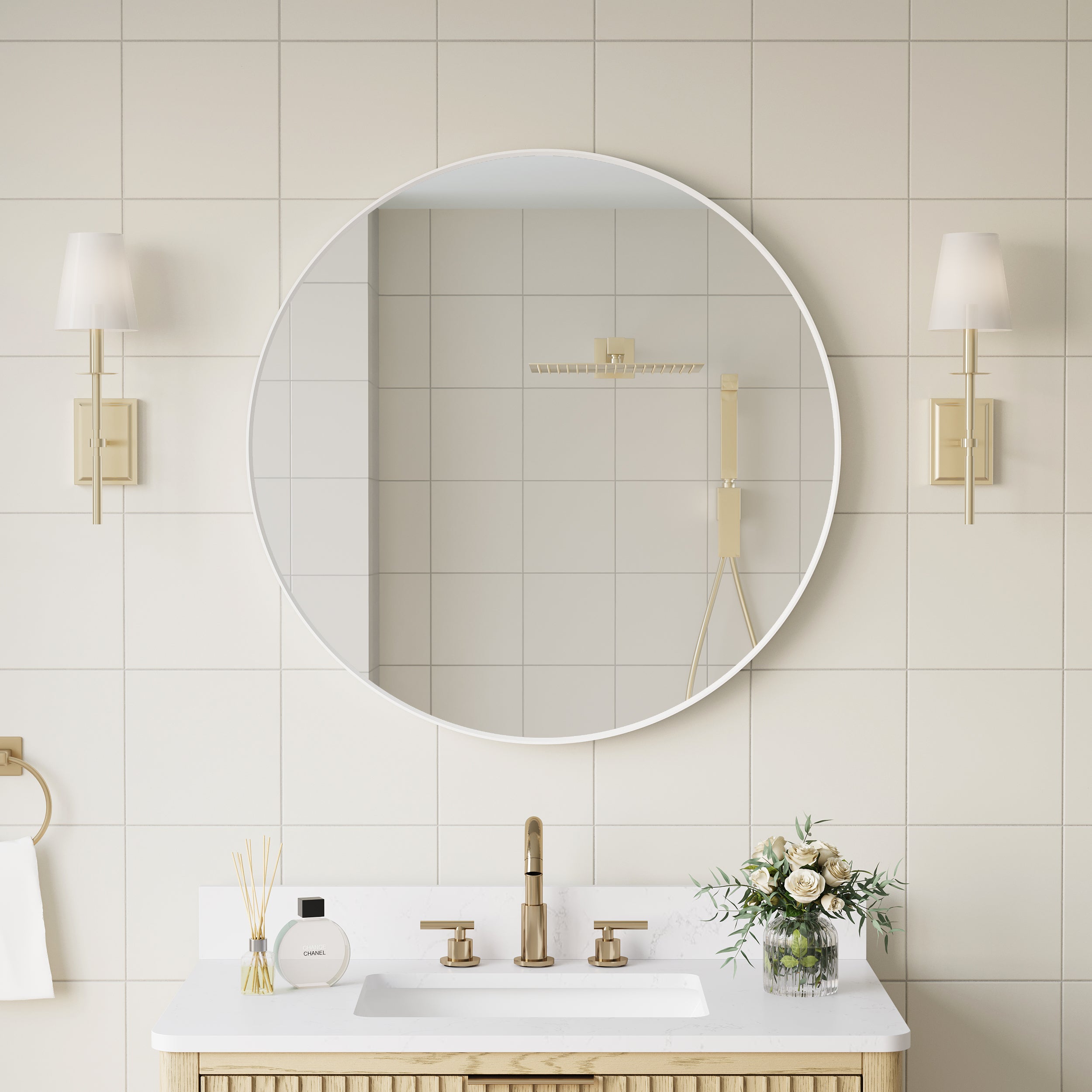 32 in. W x 32 in. H White Modern Bathroom Mirror Round Framed Aluminum Wall Mirror