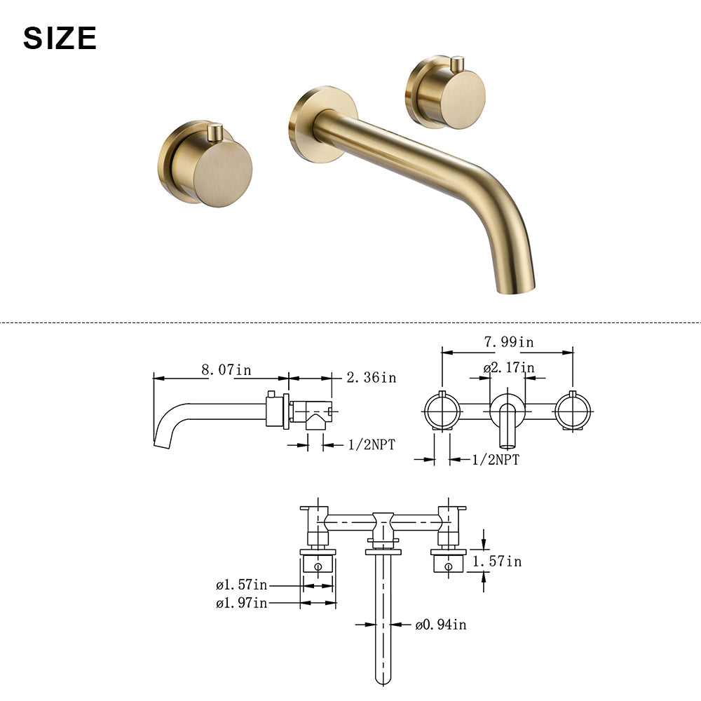 Solid Brass Wall Mounted Two Handle Bathroom Sink Faucet