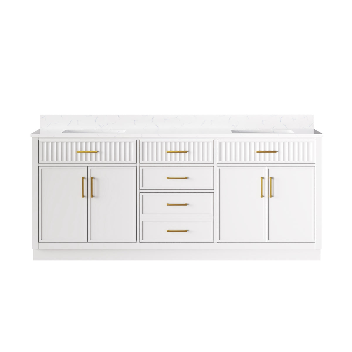 80 Inch Solid Wood and Plywood Bathroom Vanity with Carrara White Quartz Top, 4 Soft-Close Doors & 5 Drawers, White