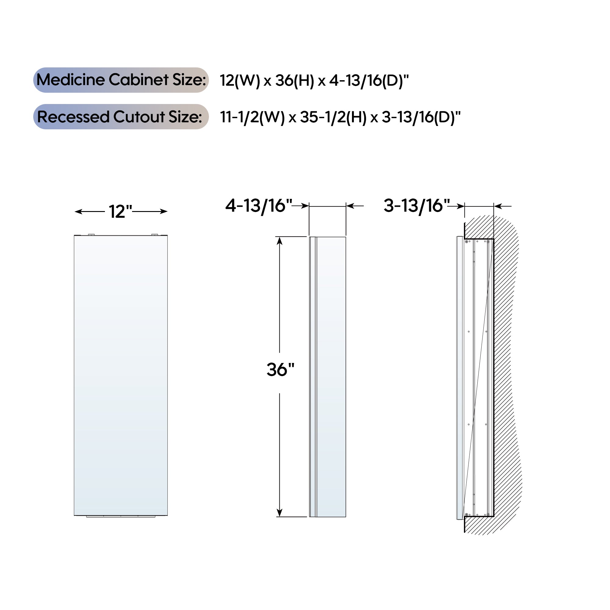 12 in. ×36 in. Copper-Free Tri-Views Mirror Medicine Cabinet, Recessed/Surface Mount and Left/Right Swing Door