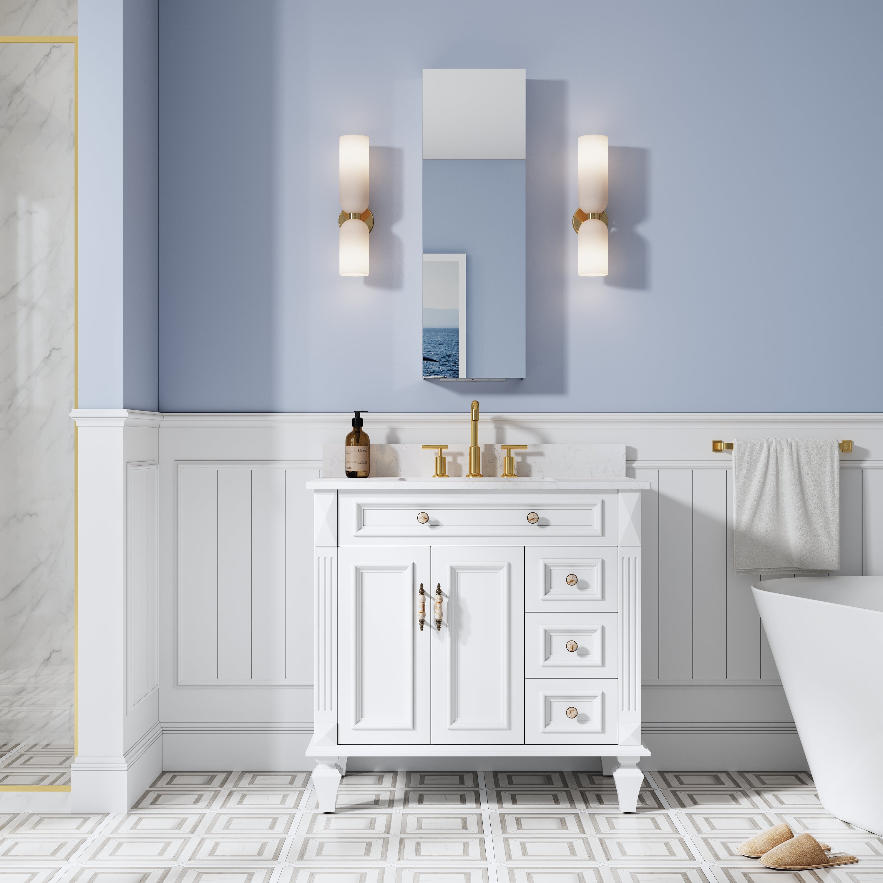 12 in. ×36 in. Copper-Free Tri-Views Mirror Medicine Cabinet, Recessed/Surface Mount and Right Swing Door