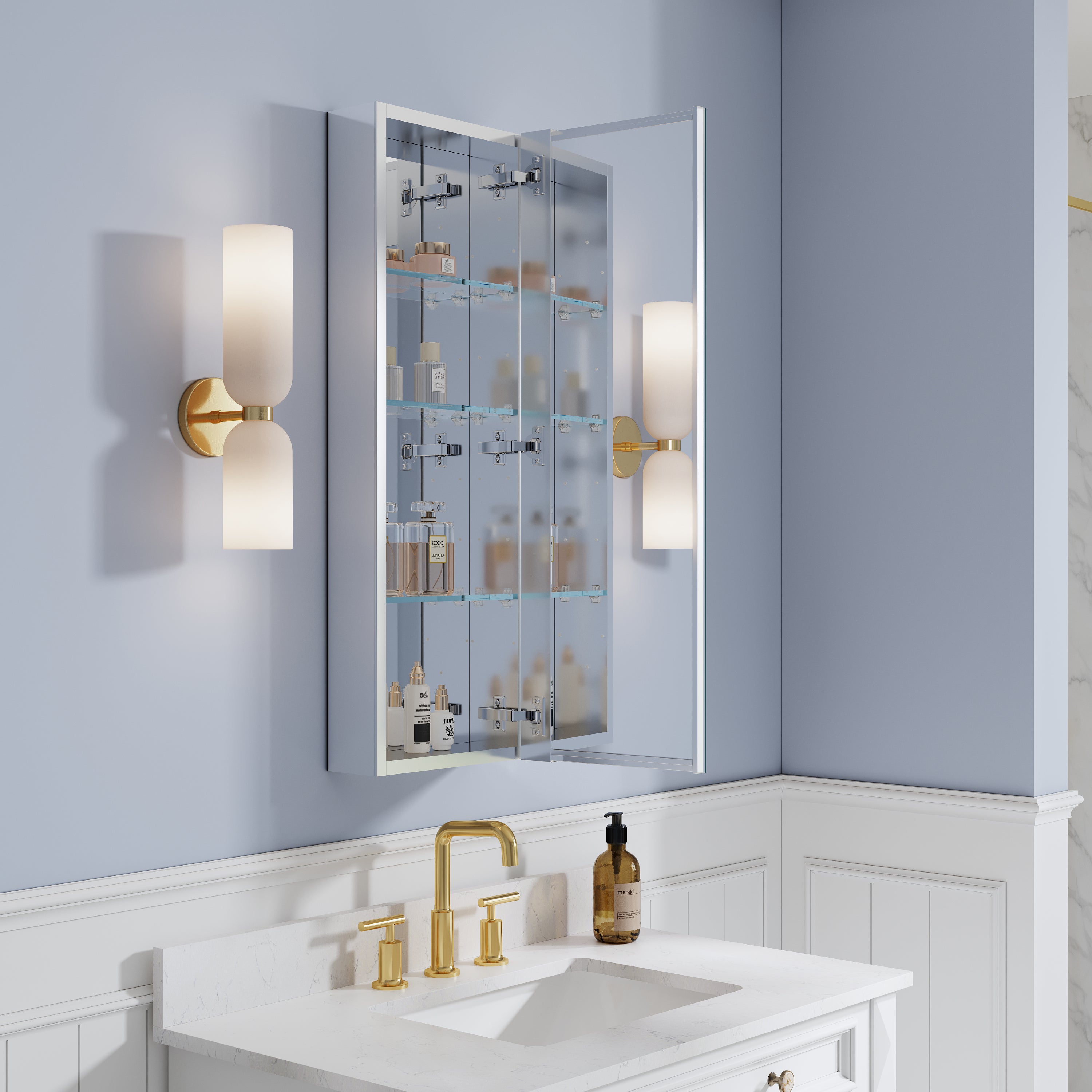 12 in. ×36 in. Copper-Free Tri-Views Mirror Medicine Cabinet, Recessed/Surface Mount and Right Swing Door