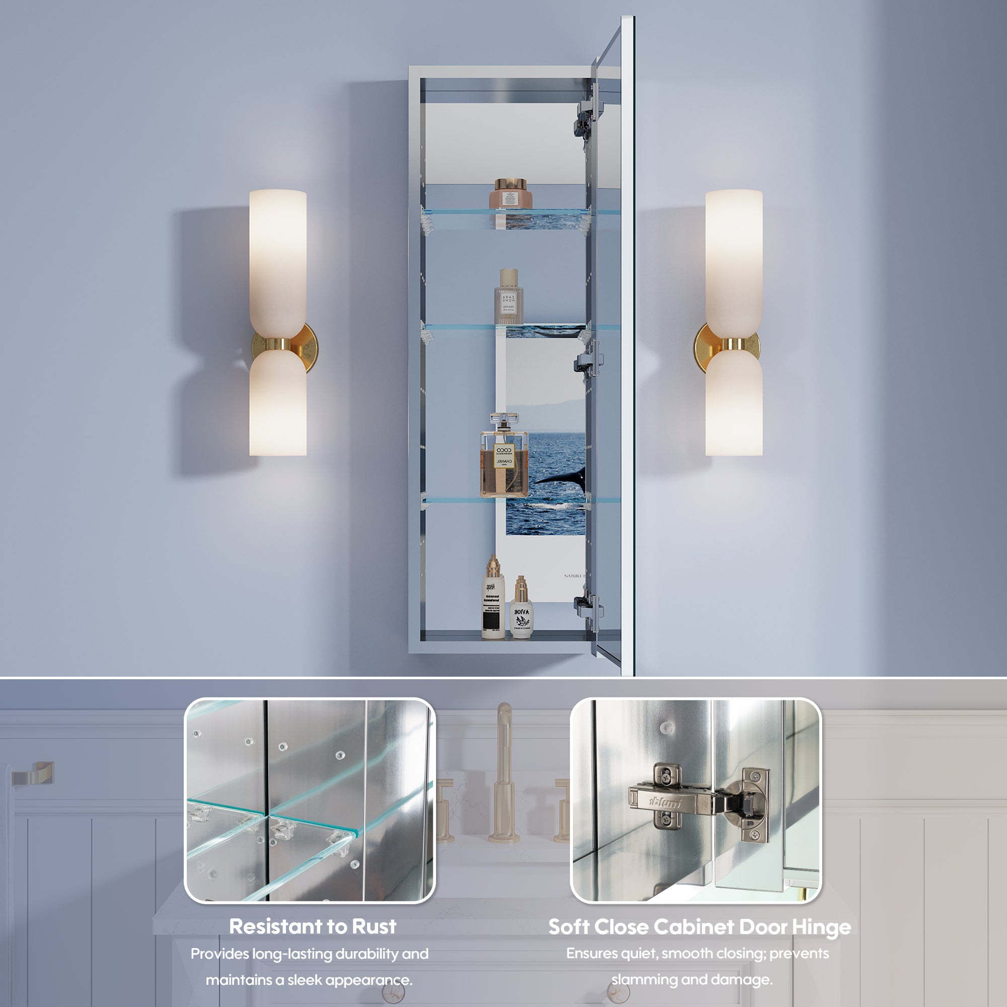 12 in. ×36 in. Copper-Free Tri-Views Mirror Medicine Cabinet, Recessed/Surface Mount and Right Swing Door