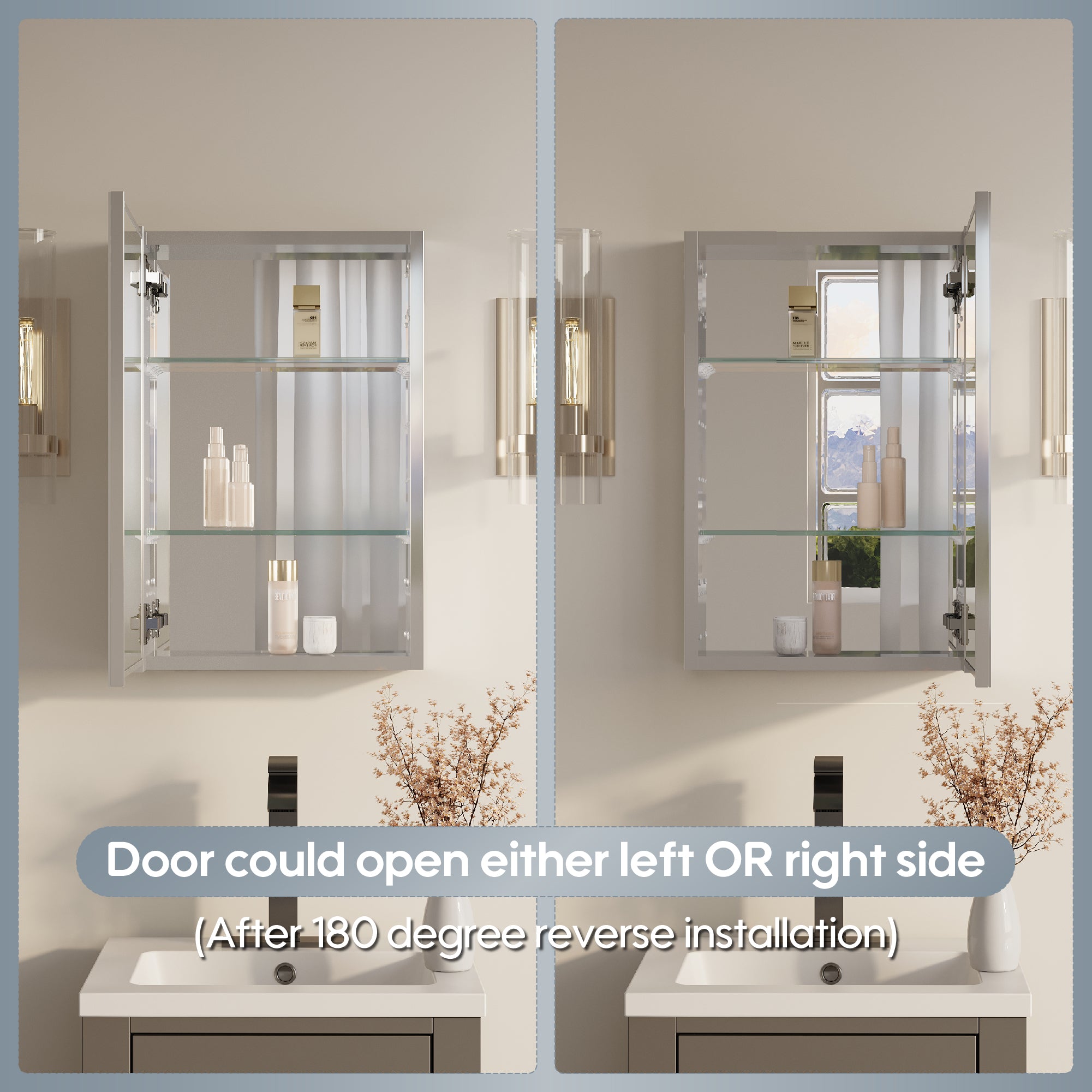 16 in.×24 in. Copper-Free Tri-Views Mirror Cabinet with Adjustable Shelves and Left Swing Door