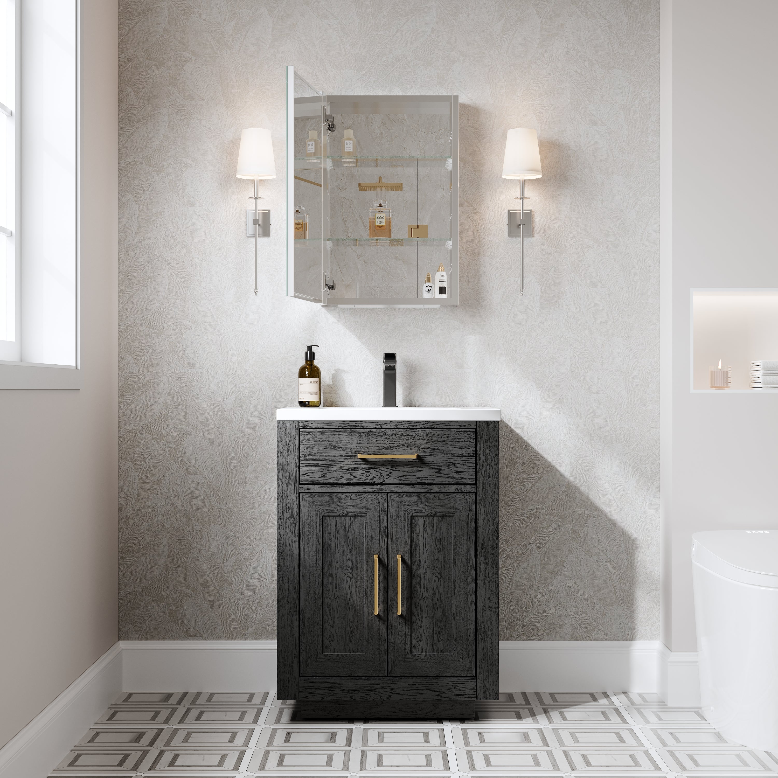 16 in.×24 in. Copper-Free Tri-Views Mirror Cabinet with Adjustable Shelves and Left Swing Door