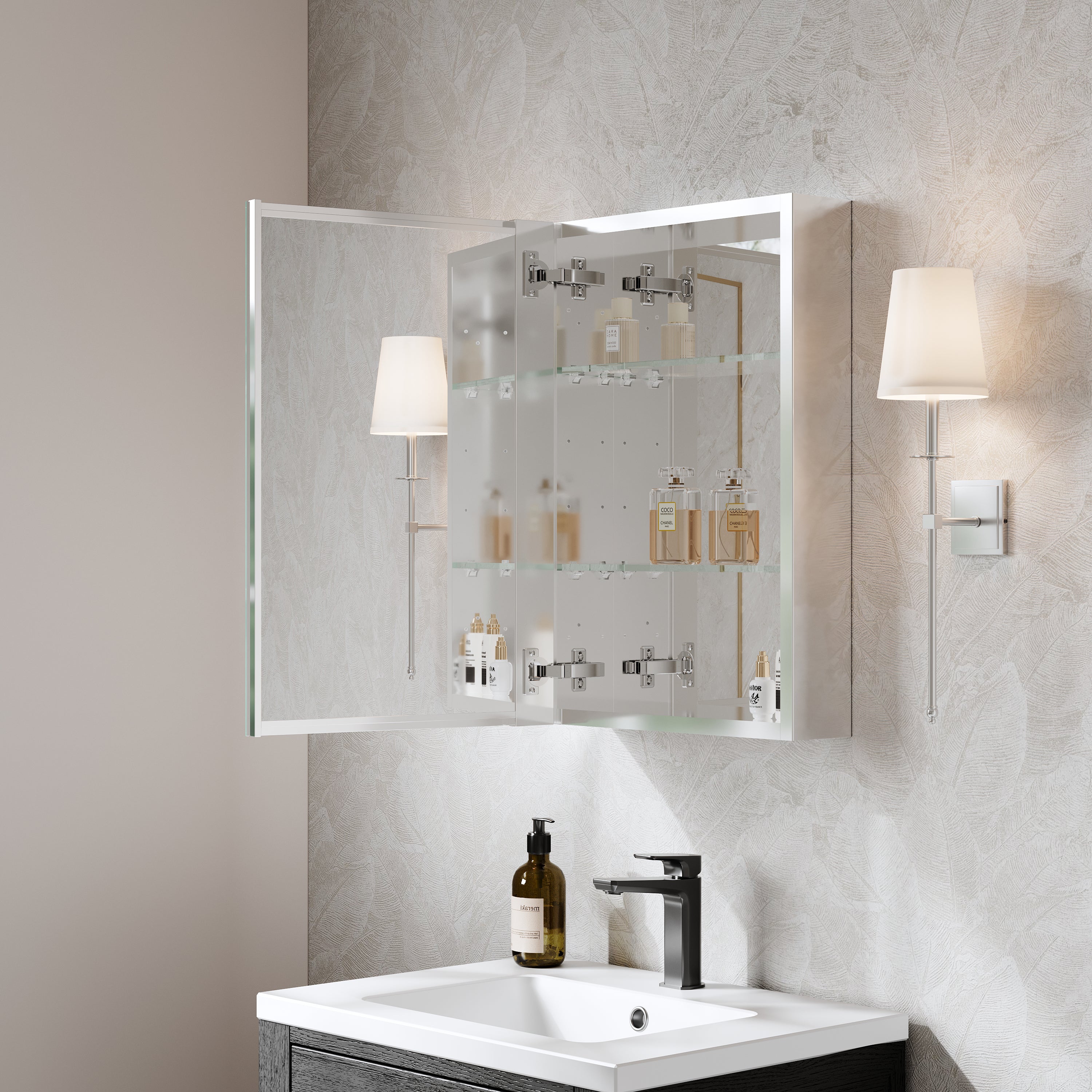 16 in.×24 in. Copper-Free Tri-Views Mirror Cabinet with Adjustable Shelves and Left Swing Door