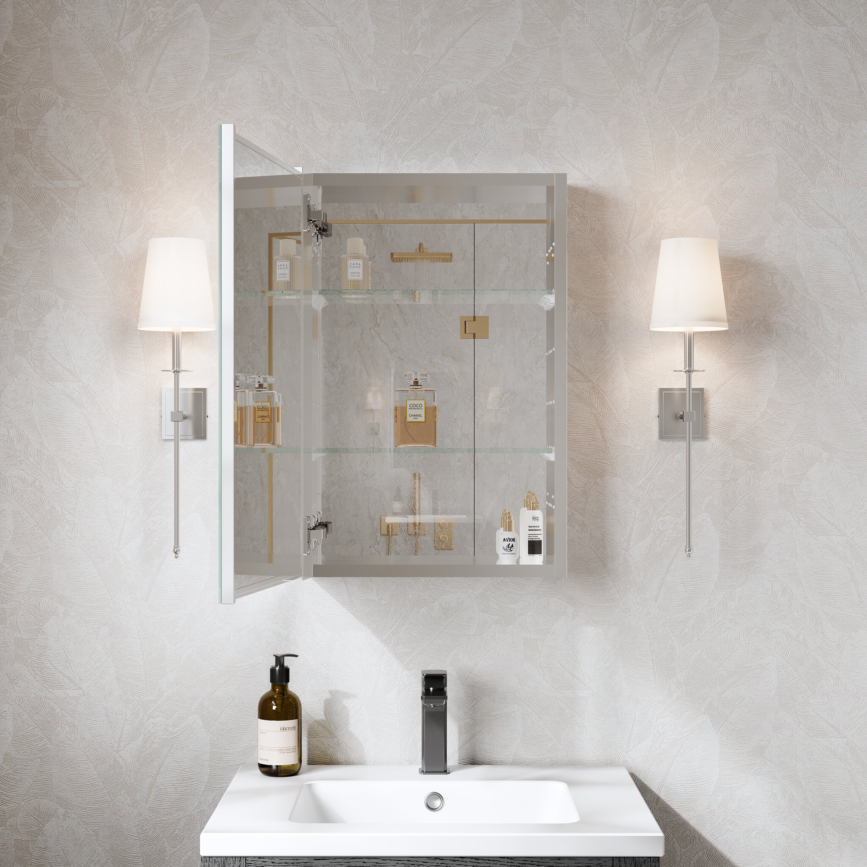 16 in.×24 in. Copper-Free Tri-Views Mirror Cabinet with Adjustable Shelves and Left Swing Door