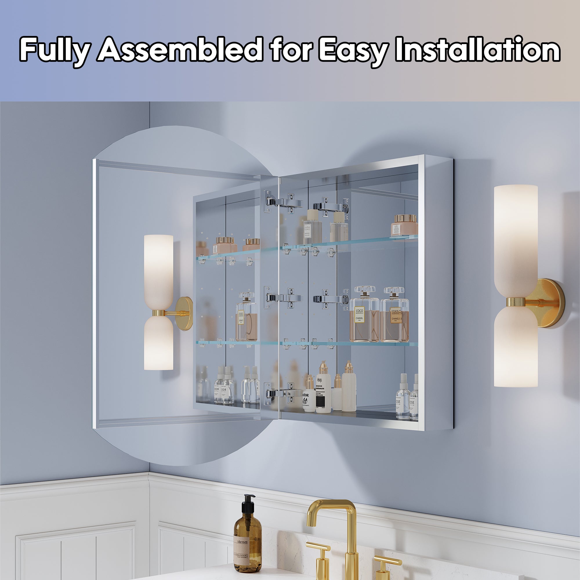 20 in. ×32 in. Copper-Free Tri-Views Bathroom Medicine Cabinet with Beveled Edge Mirrored Door, Recessed/Surface Mount