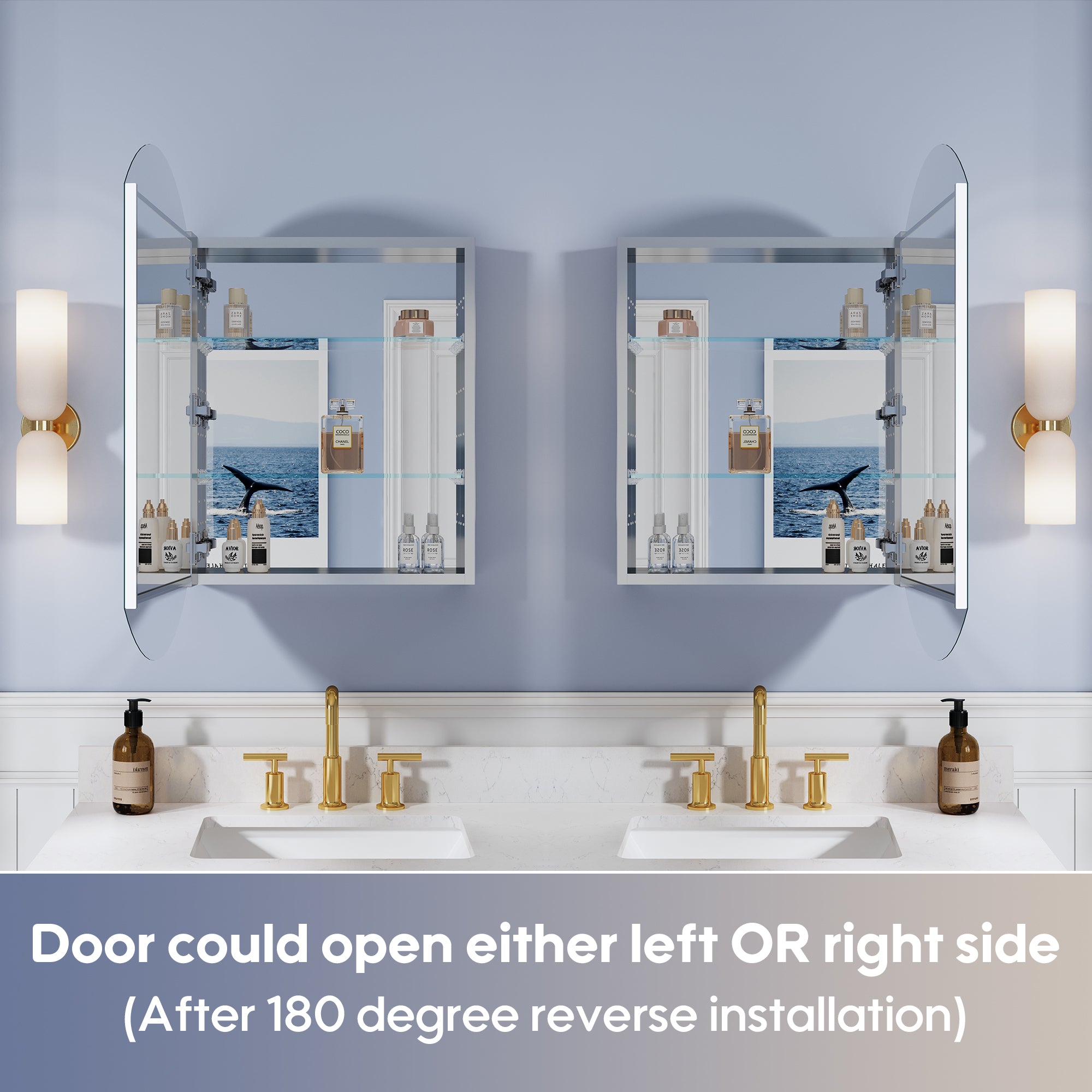 20 in. ×32 in. Copper-Free Tri-Views Bathroom Medicine Cabinet with Beveled Edge Mirrored Door, Recessed/Surface Mount