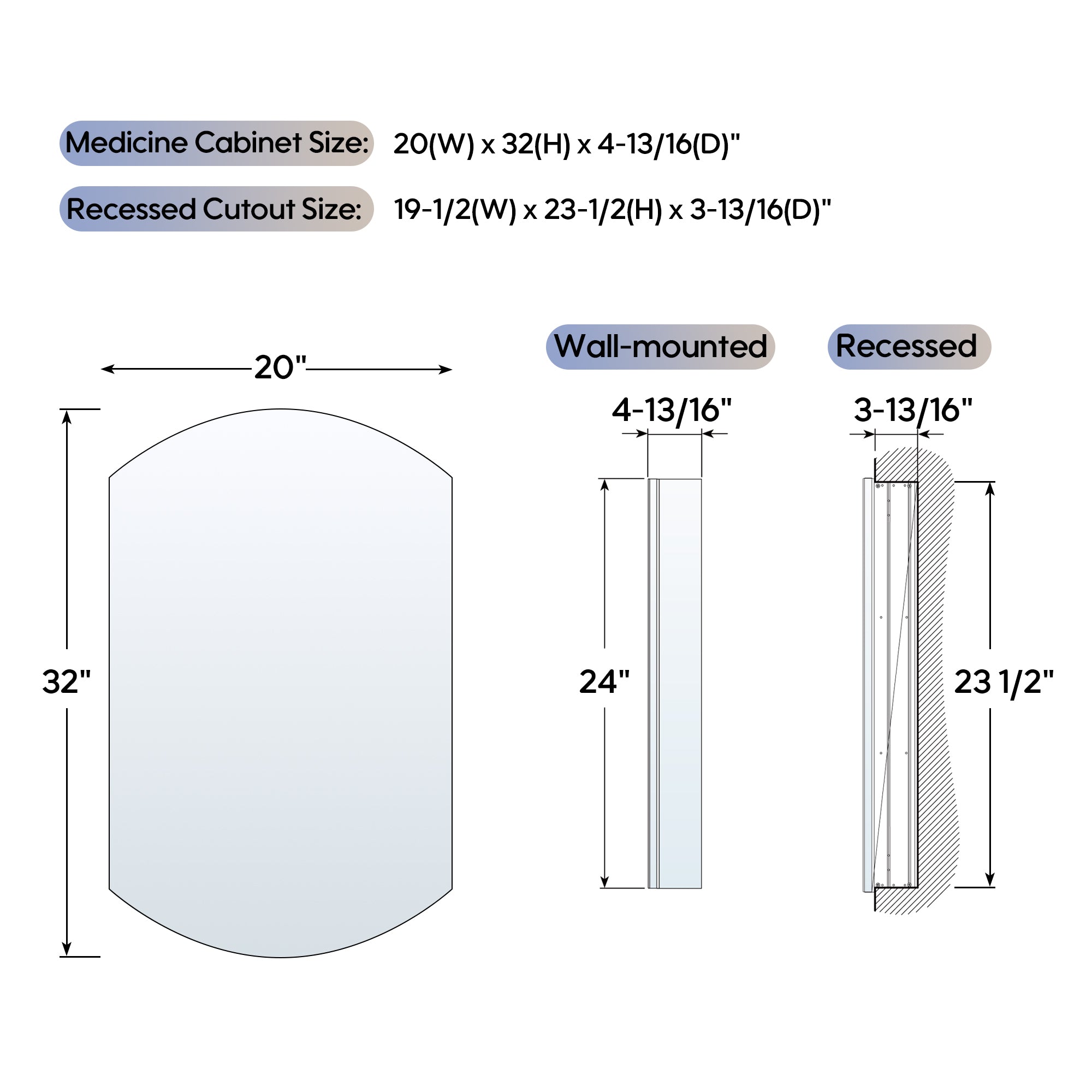 20 in. ×32 in. Copper-Free Tri-Views Bathroom Medicine Cabinet with Beveled Edge Mirrored Door, Recessed/Surface Mount