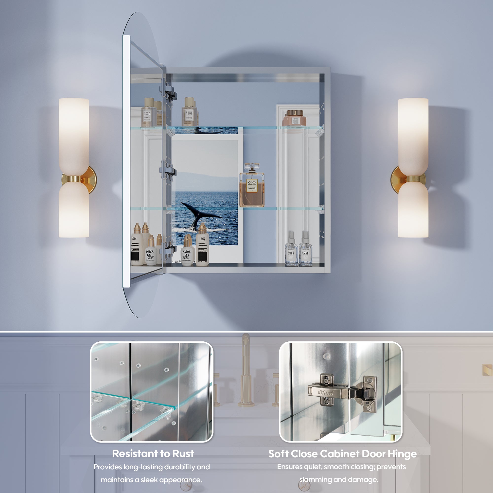 20 in. ×32 in. Copper-Free Tri-Views Bathroom Medicine Cabinet with Beveled Edge Mirrored Door, Recessed/Surface Mount