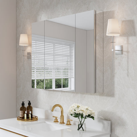 40 in.×30 in. Tri-View Copper-Free Medicine Cabinet with Mirror, Soft-Close Hinges, Recessed or Wall Mount