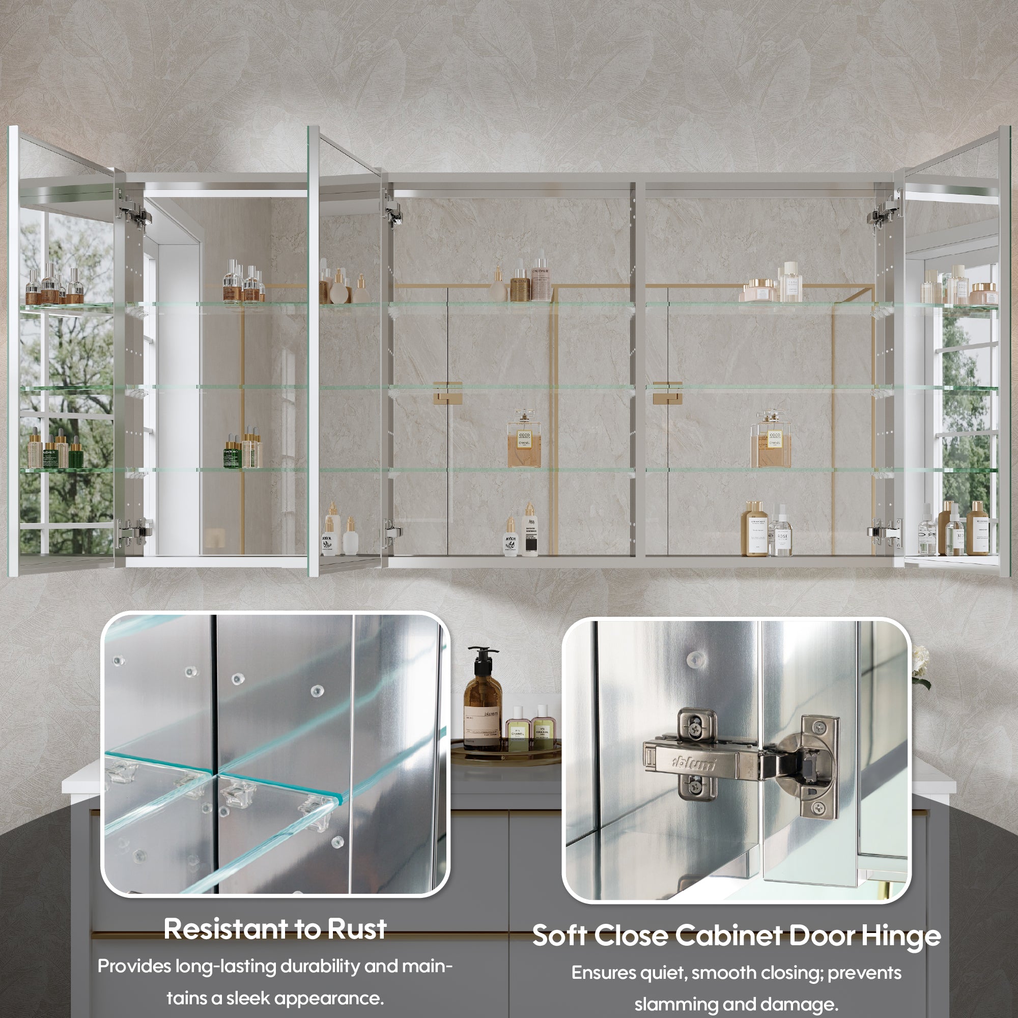 60 in. ×30 in. Copper-Free Tri-Views Mirror Medicine Cabinet with Adjustable Shelves and Triple Swing Doors