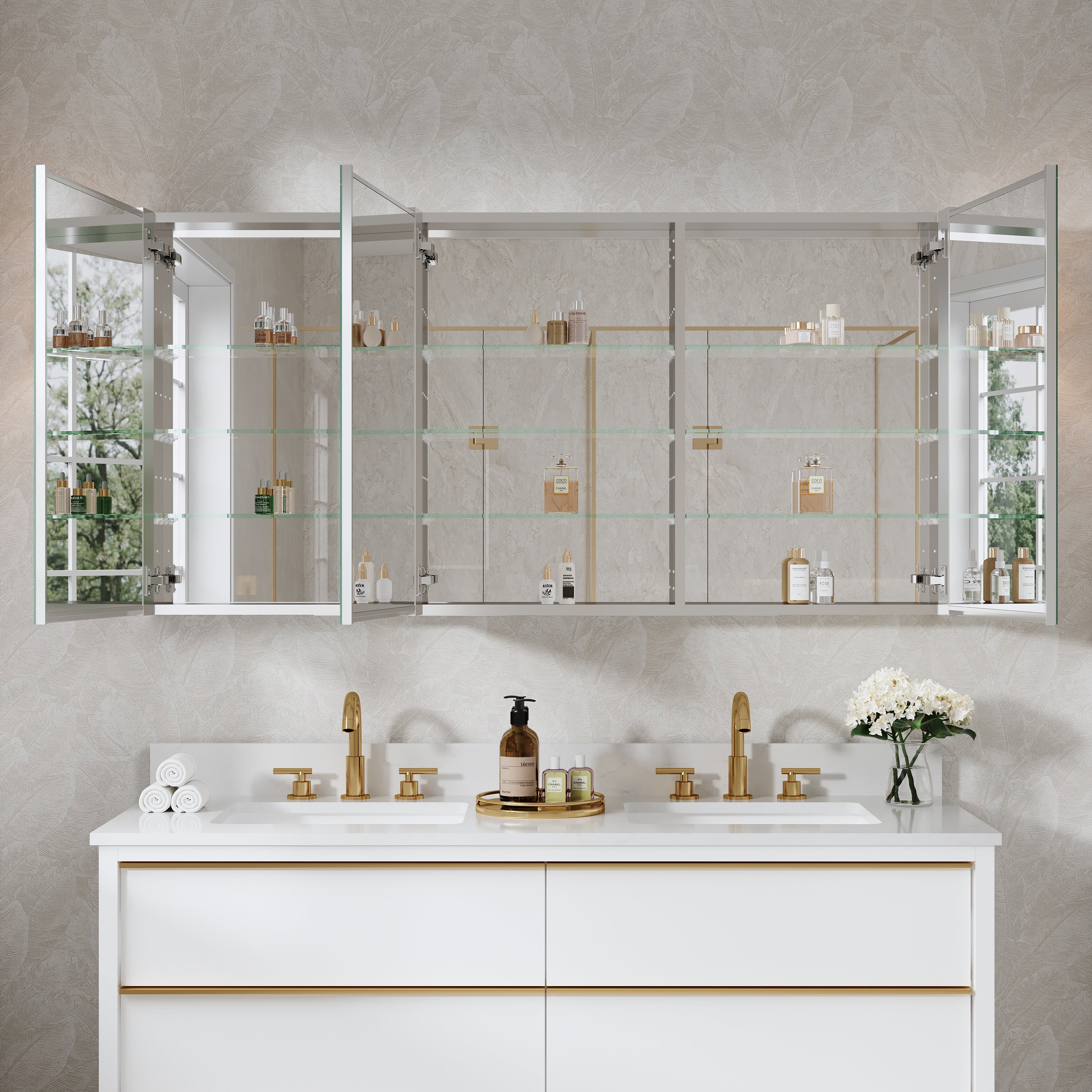 60 in. ×30 in. Copper-Free Tri-Views Mirror Medicine Cabinet with Adjustable Shelves and Triple Swing Doors