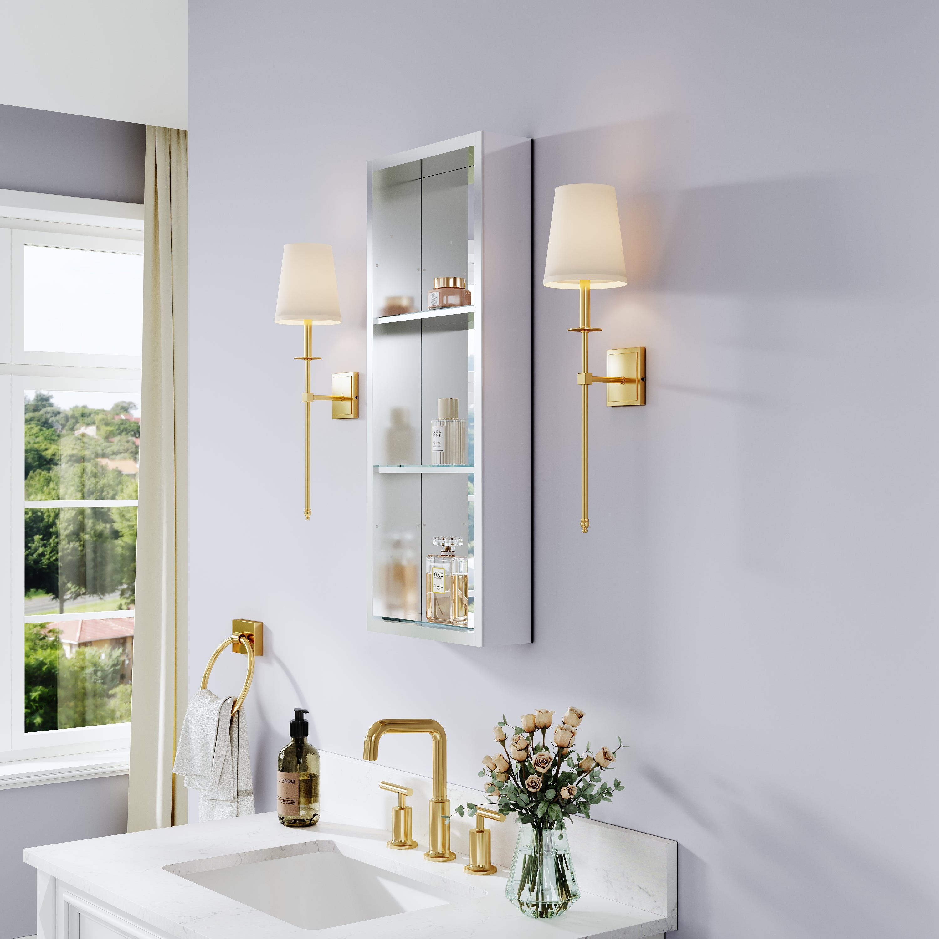 12 in.×30 in. Recessed/Surface Mount Mirror Cabinet with Open Shelves and 3 PCS Tempered Glass