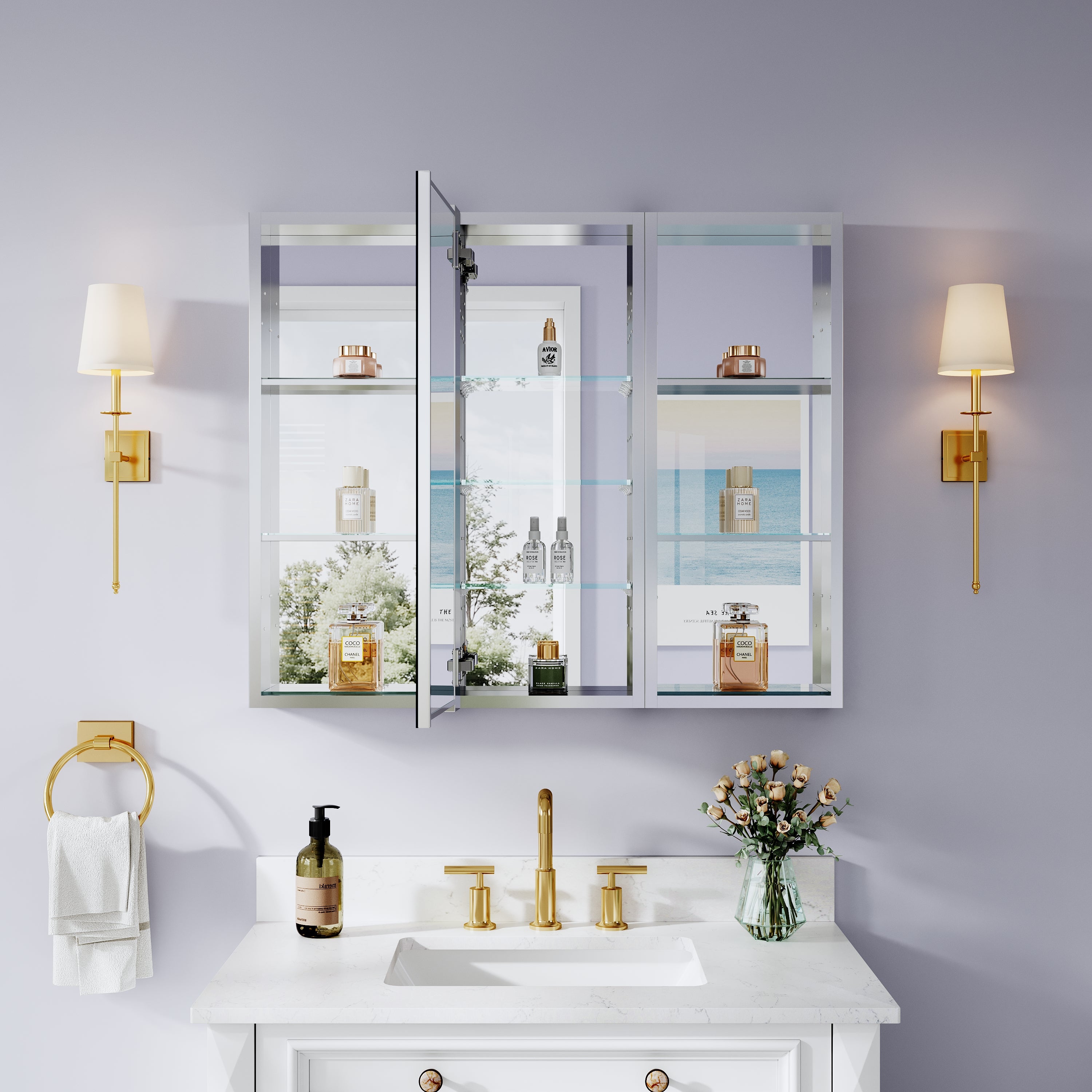 36 in. ×30 in. Bathroom Medicine Cabinet Set with Copper-Free Tri-View Mirror and Open Side Cabinet, Recessed or Surface Mount