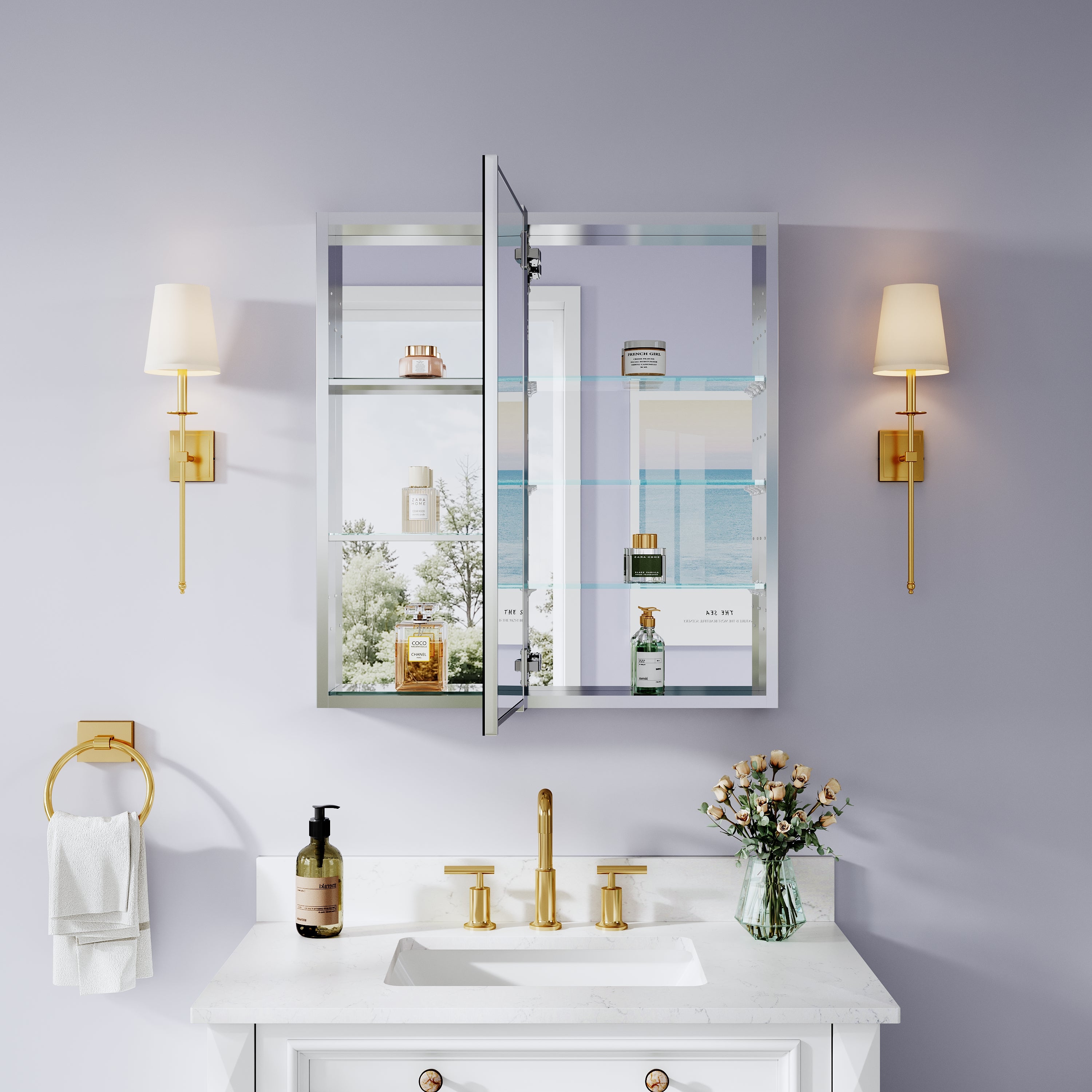 28 in. ×30 in. Bathroom Medicine Cabinet Set with Copper-Free Tri-View Mirror and Open Side Cabinet, Recessed or Surface Mount