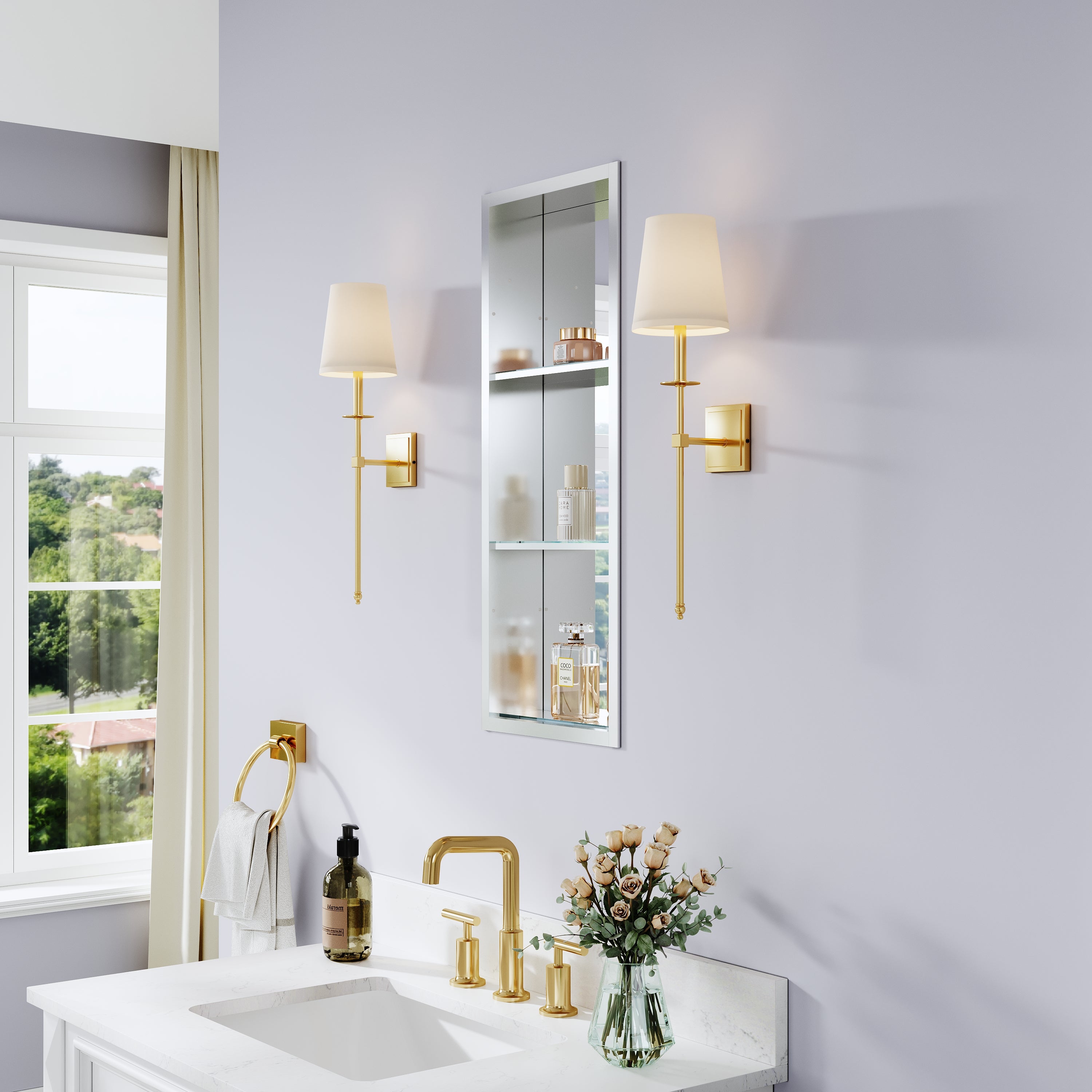 12 in.×30 in. Recessed/Surface Mount Mirror Cabinet with Open Shelves and 3 PCS Tempered Glass