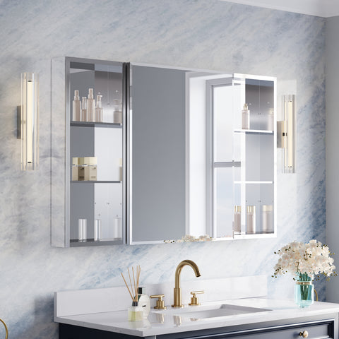 48 in.×30 in.H Aluminum Copper-Free Mirror Medicine Cabinet with Beveled Mirror Door and Open Shelf Storage Set