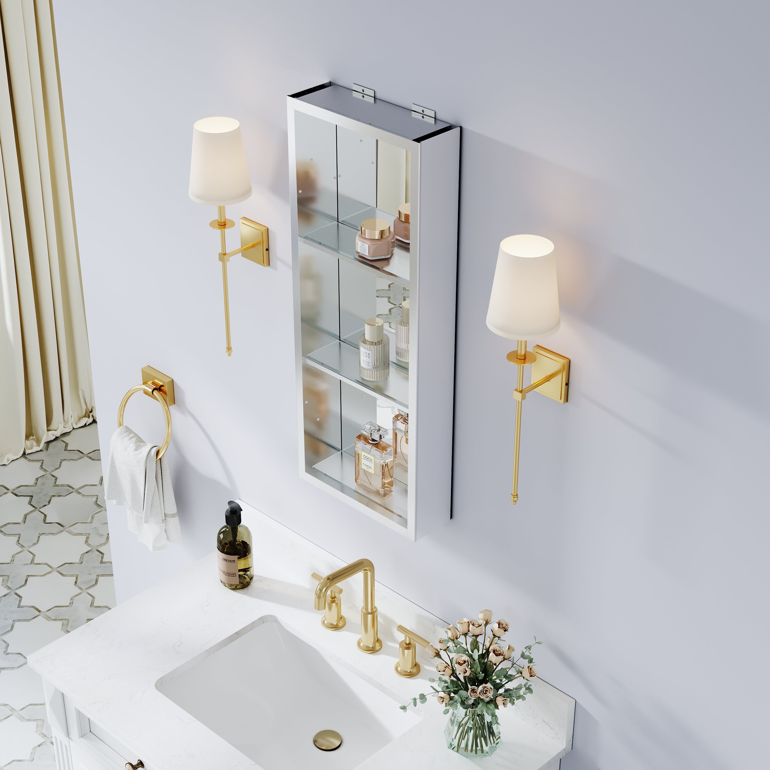 12 in.×30 in. Recessed/Surface Mount Mirror Cabinet with Open Shelves and 3 PCS Tempered Glass