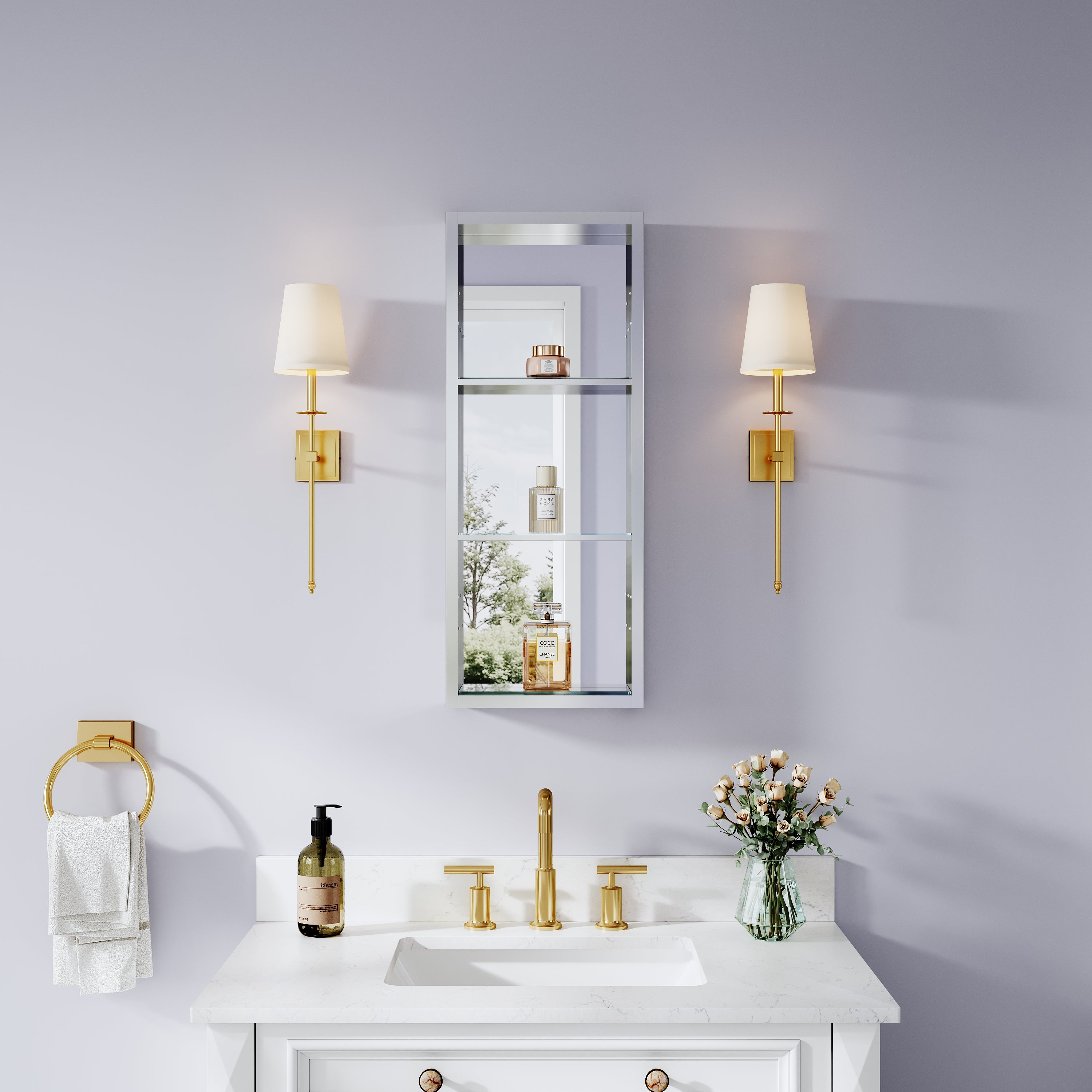 12 in.×30 in. Recessed/Surface Mount Open Medicine Cabinet No Mirror with 2 Shelves and 3 PCS Tempered Glass