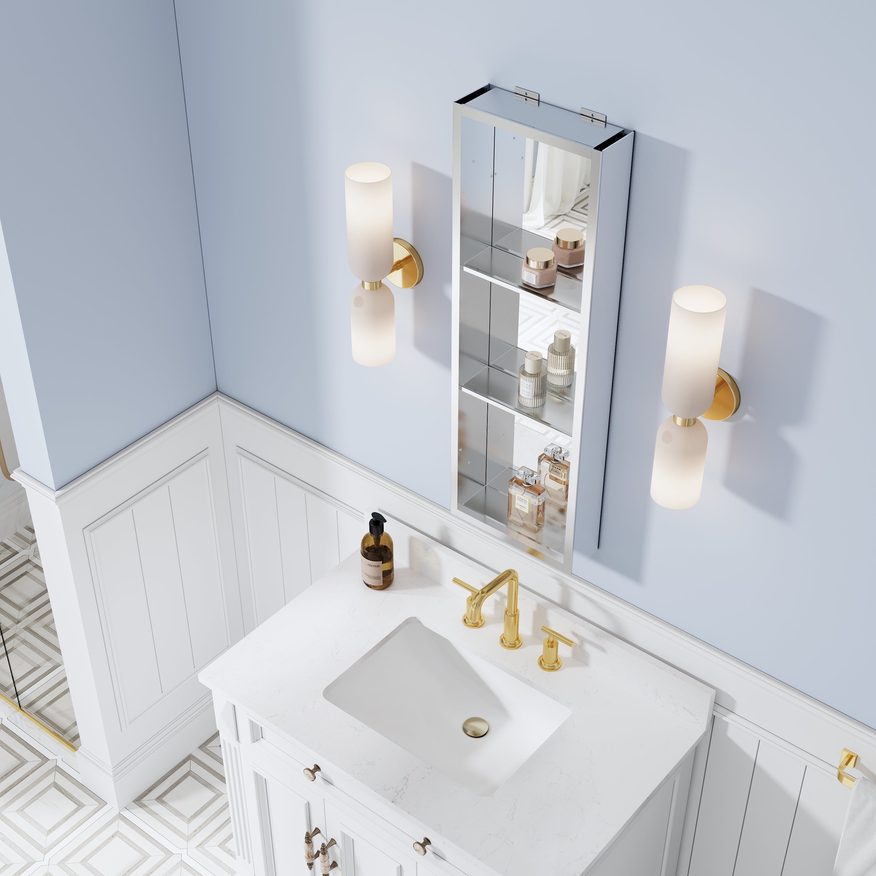 12 in.×36 in. Recessed/Surface Mount Mirror Cabinet with Open Shelves and 3 PCS Tempered Glass