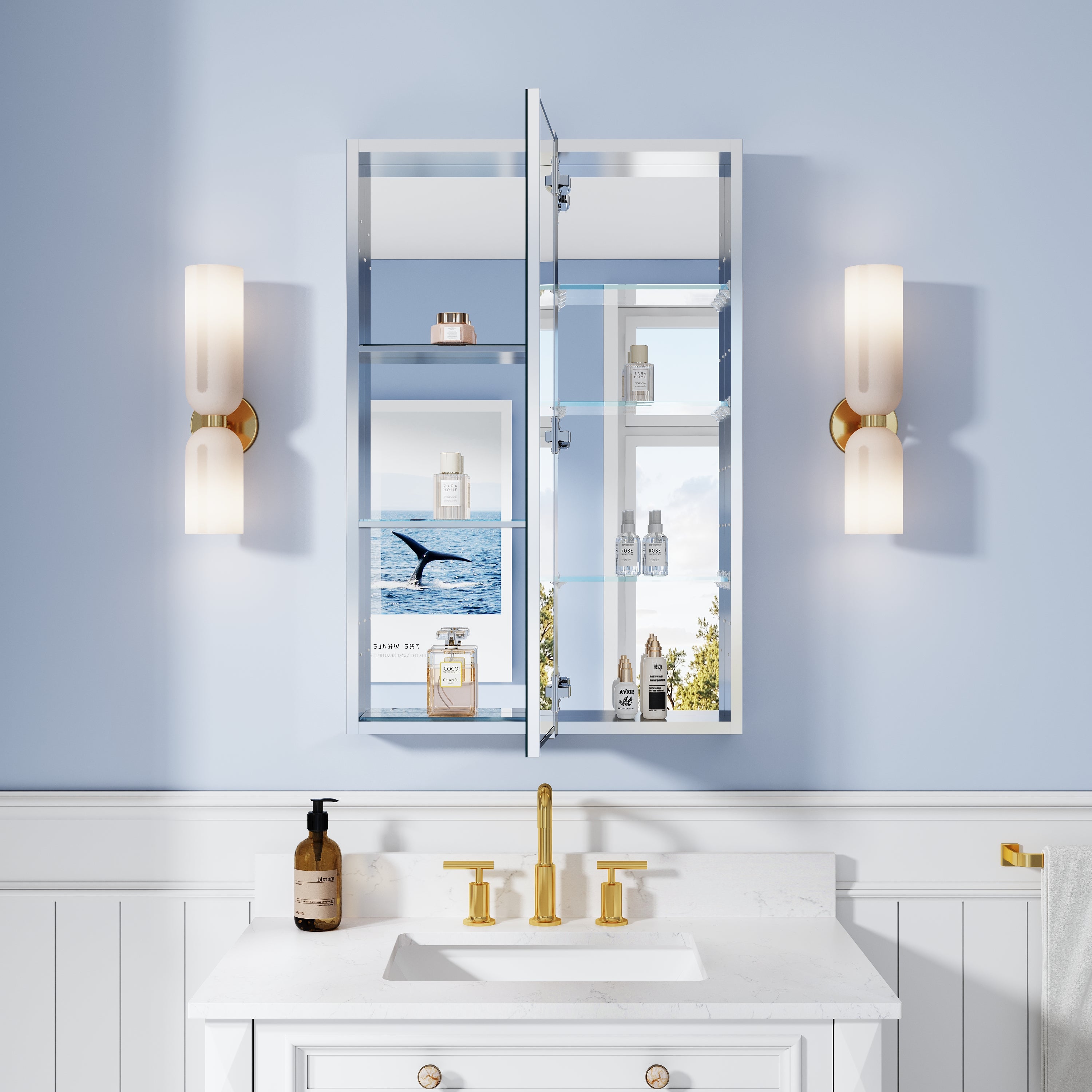 24 in. ×36 in. Bathroom Medicine Cabinet Set with Copper-Free Tri-View Mirror and Open Side Cabinet, Recessed or Surface Mount