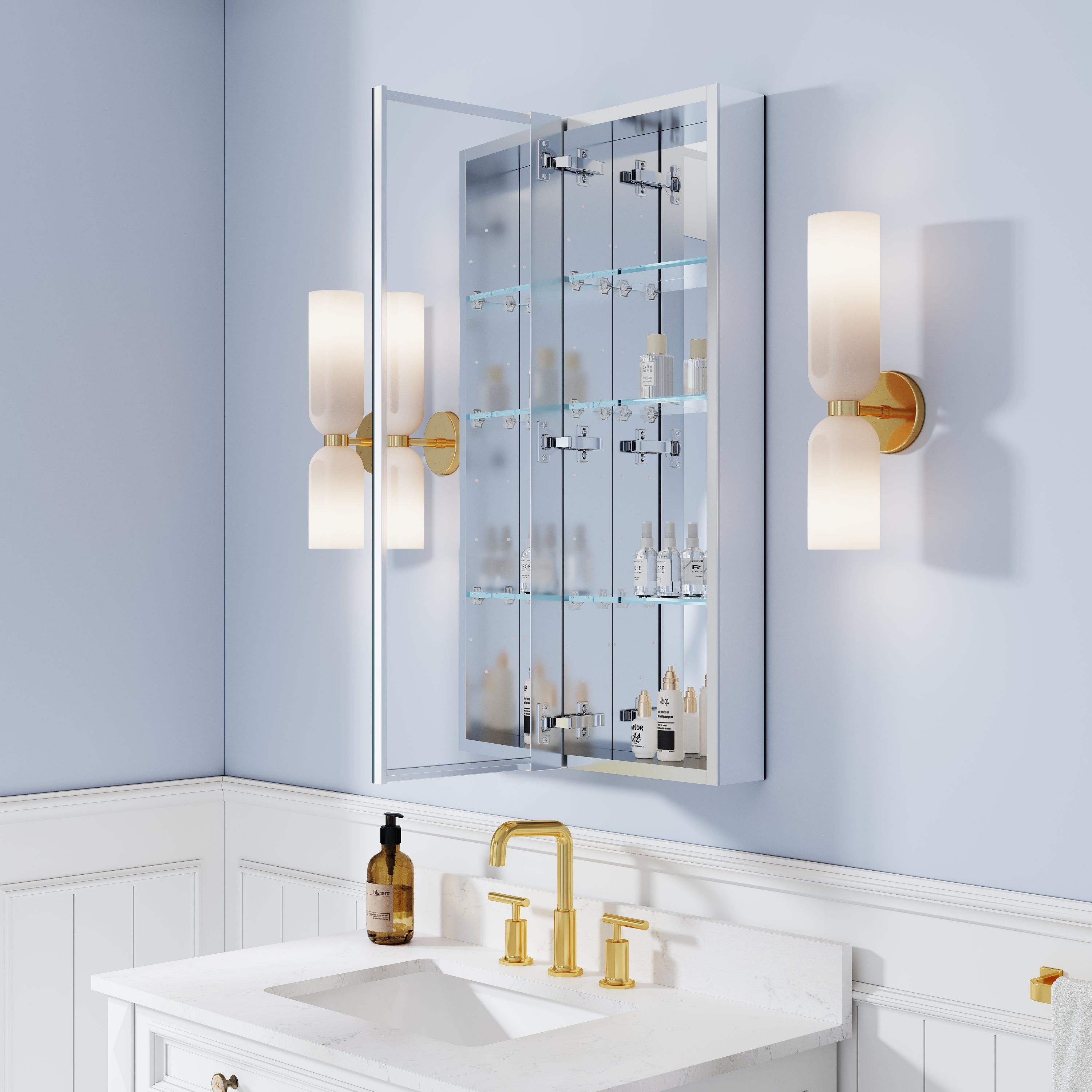 24 in. ×36 in. Bathroom Medicine Cabinet Set with Copper-Free Tri-View Mirror and Open Side Cabinet, Recessed or Surface Mount