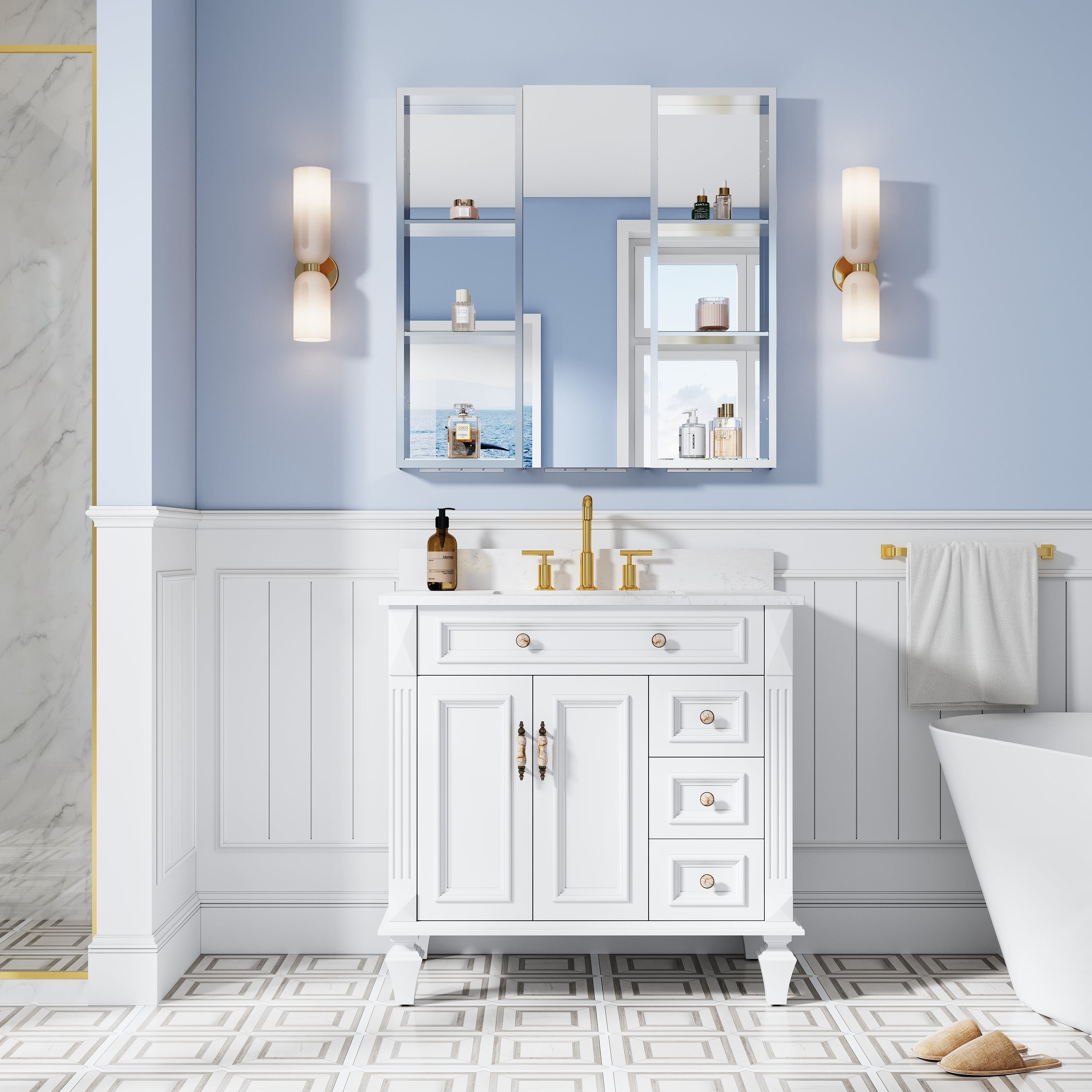 36 in. ×36 in. Bathroom Medicine Cabinet Set with Copper-Free Tri-View Mirror and Open Side Cabinet, Recessed or Surface Mount