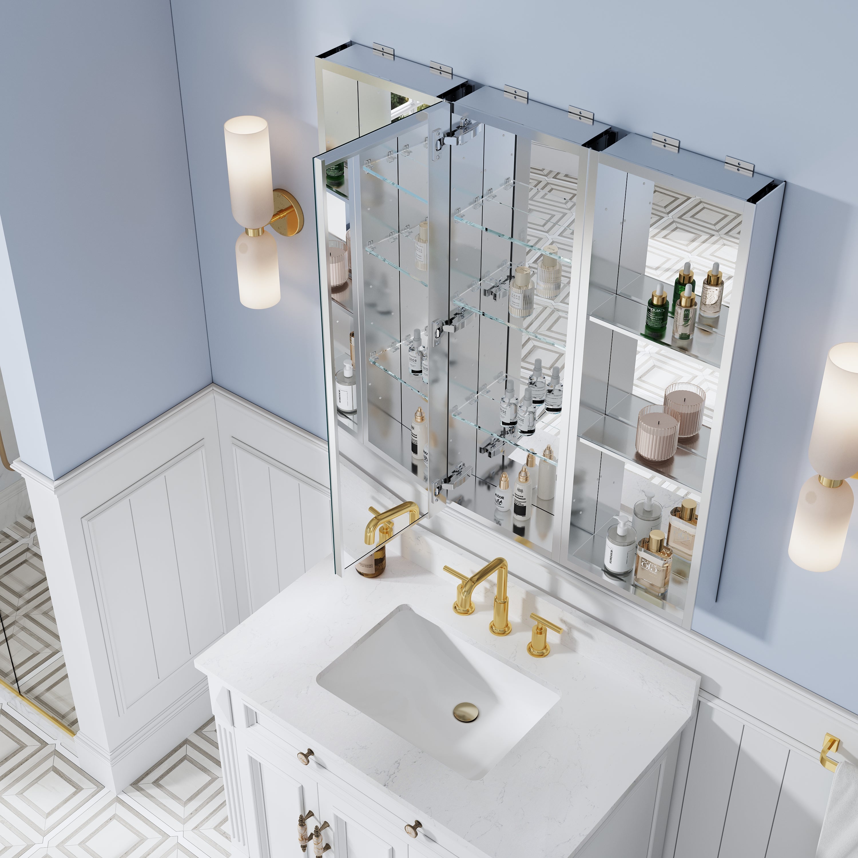 36 in. ×36 in. Bathroom Medicine Cabinet Set with Copper-Free Tri-View Mirror and Open Side Cabinet, Recessed or Surface Mount