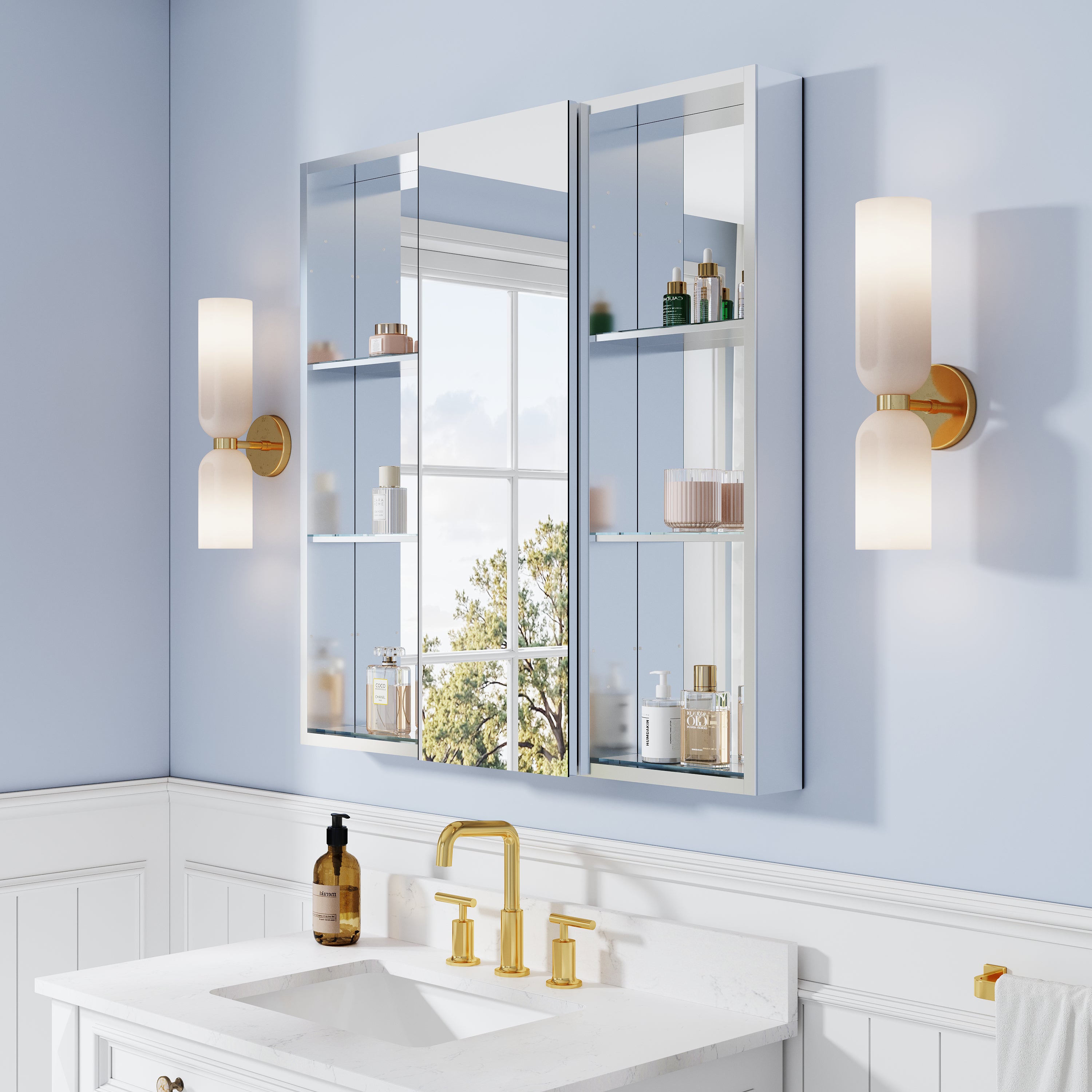 36 in. ×36 in. Bathroom Medicine Cabinet Set with Copper-Free Tri-View Mirror and Open Side Cabinet, Recessed or Surface Mount