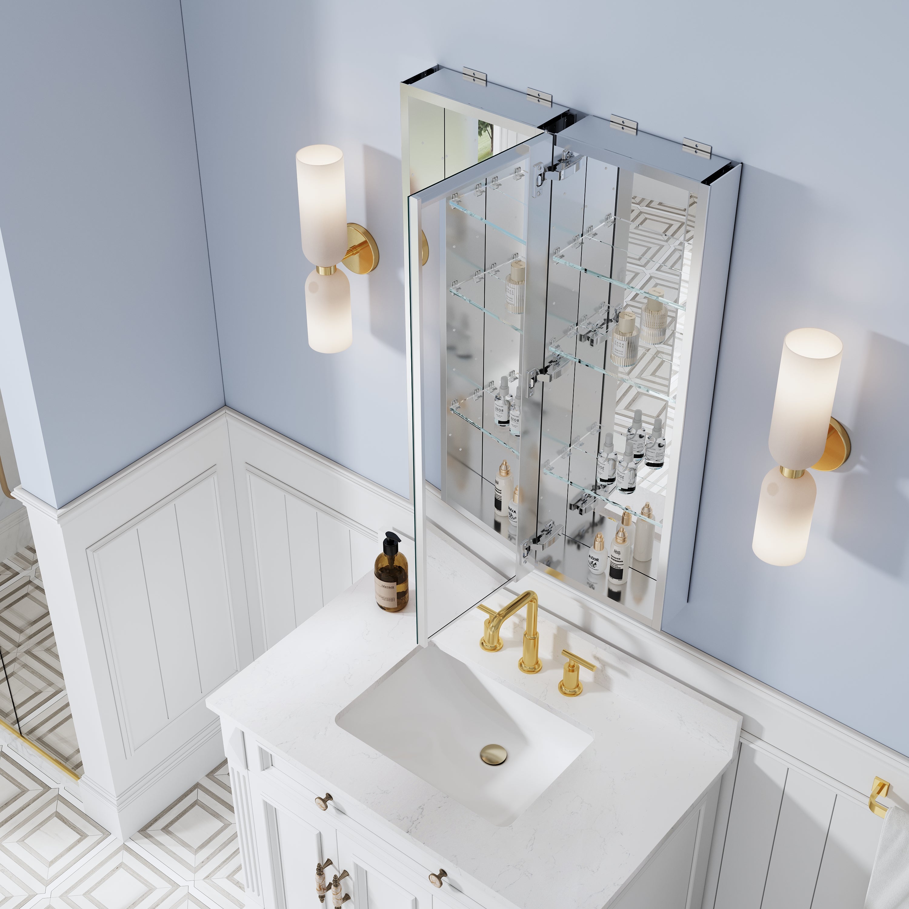 24 in. ×36 in. Bathroom Medicine Cabinet Set with Copper-Free Tri-View Mirror and Open Side Cabinet, Recessed or Surface Mount