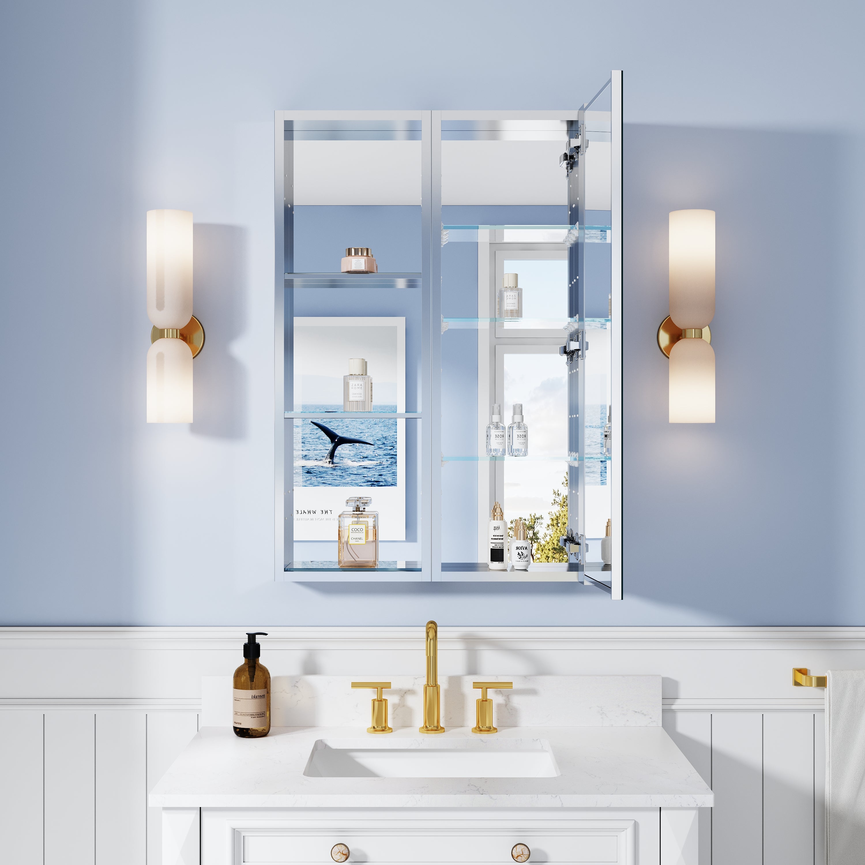 24 in. ×36 in. Bathroom Medicine Cabinet Set with Copper-Free Tri-View Mirror and Open Side Cabinet, Recessed or Surface Mount