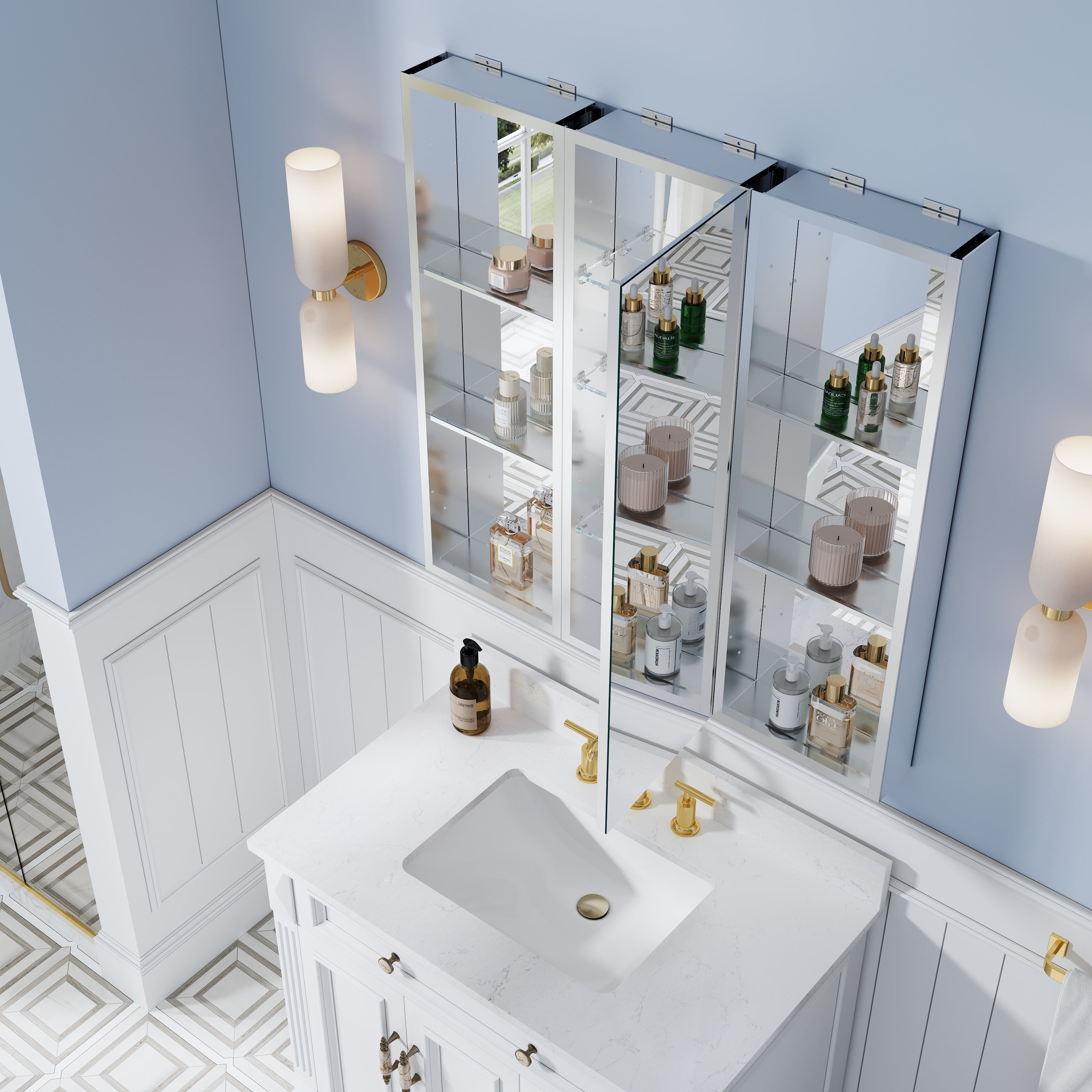 36 in. ×36 in. Bathroom Medicine Cabinet Set with Copper-Free Tri-View Mirror and Open Side Cabinet, Recessed or Surface Mount