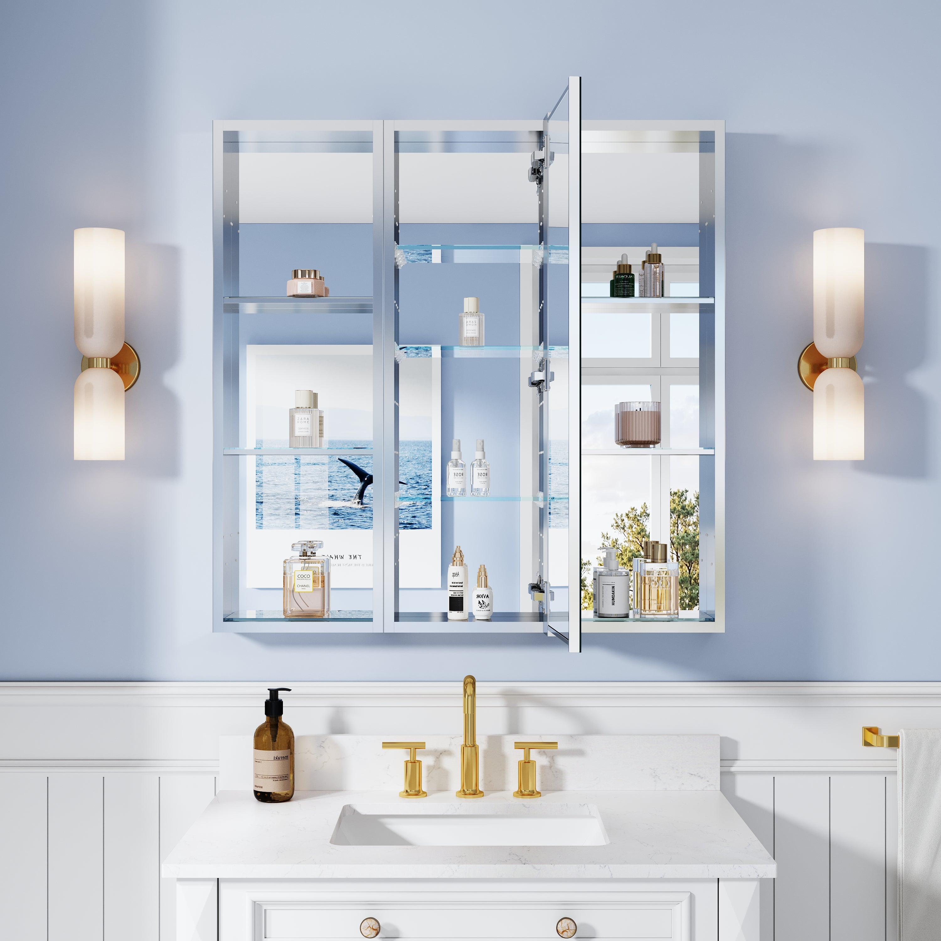 36 in. ×36 in. Bathroom Medicine Cabinet Set with Copper-Free Tri-View Mirror and Open Side Cabinet, Recessed or Surface Mount