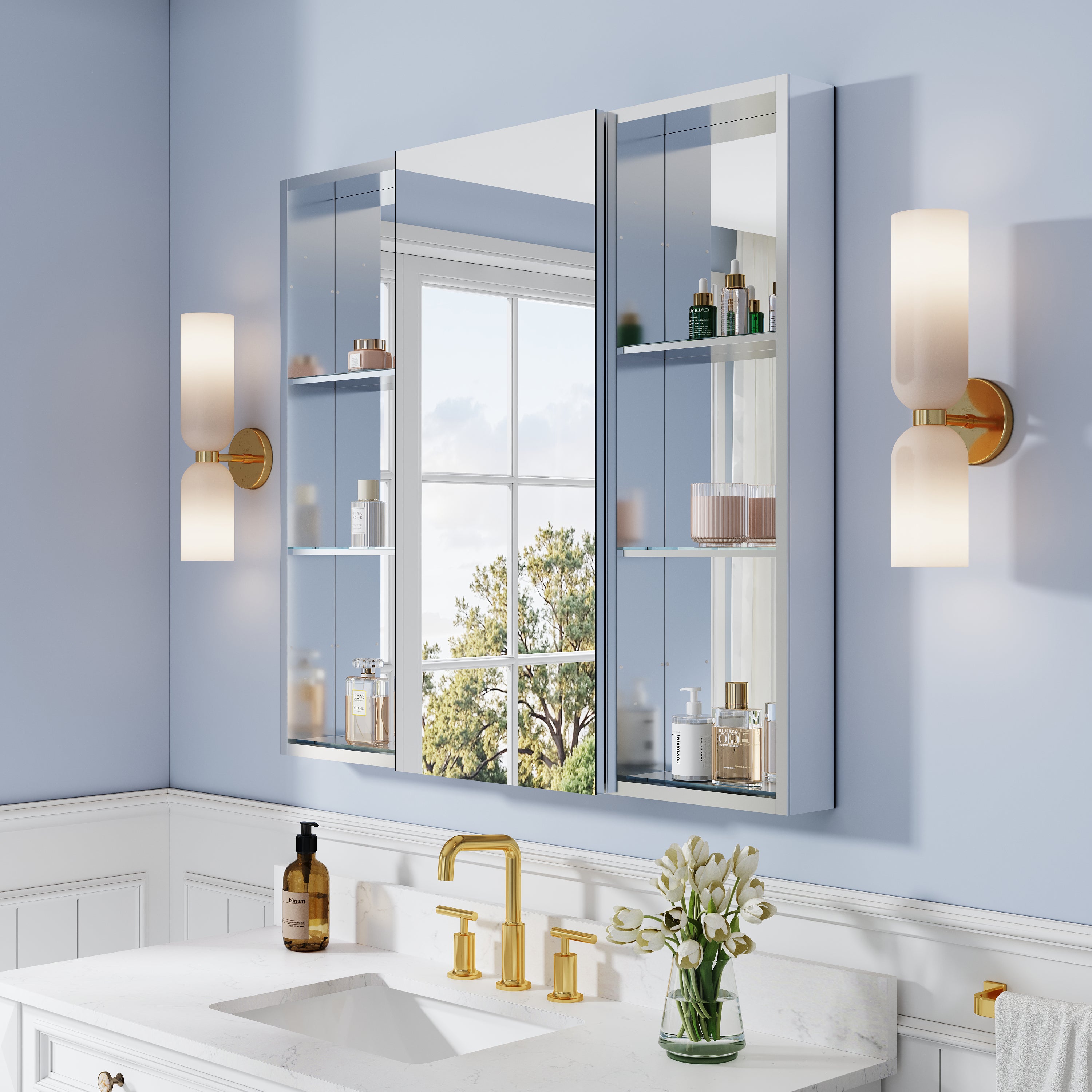 40 in. ×36 in. Bathroom Medicine Cabinet Set with Copper-Free Tri-View Mirror and Open Side Cabinet, Recessed or Surface Mount