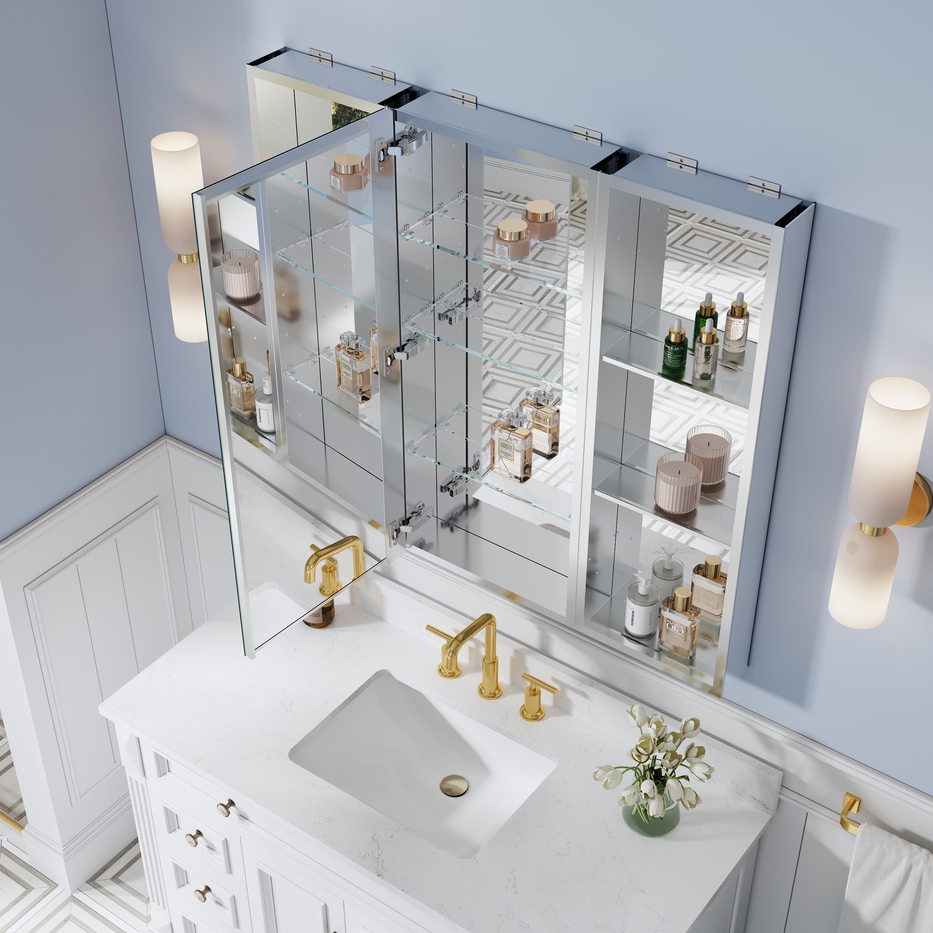 40 in. ×36 in. Bathroom Medicine Cabinet Set with Copper-Free Tri-View Mirror and Open Side Cabinet, Recessed or Surface Mount