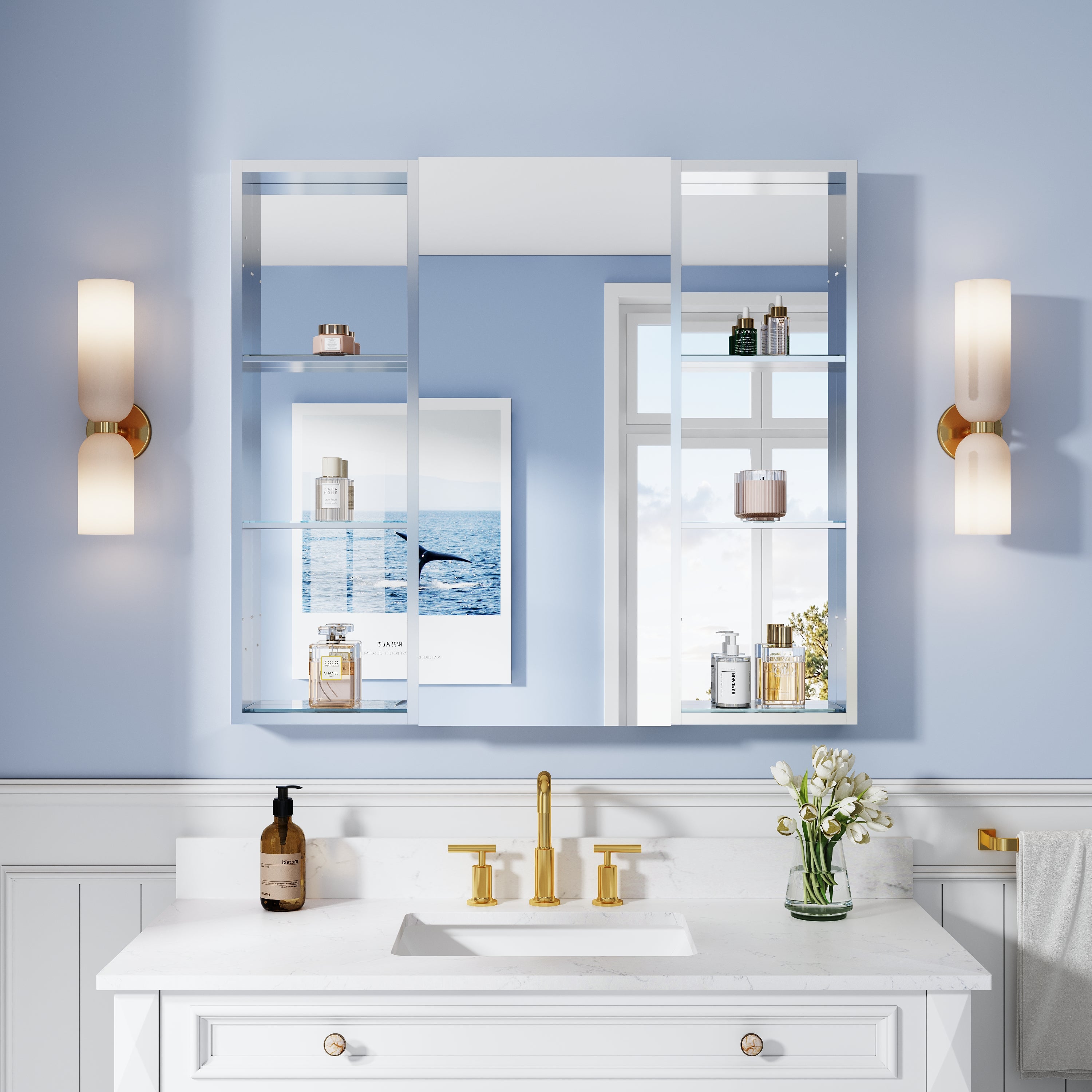 40 in. ×36 in. Bathroom Medicine Cabinet Set with Copper-Free Tri-View Mirror and Open Side Cabinet, Recessed or Surface Mount