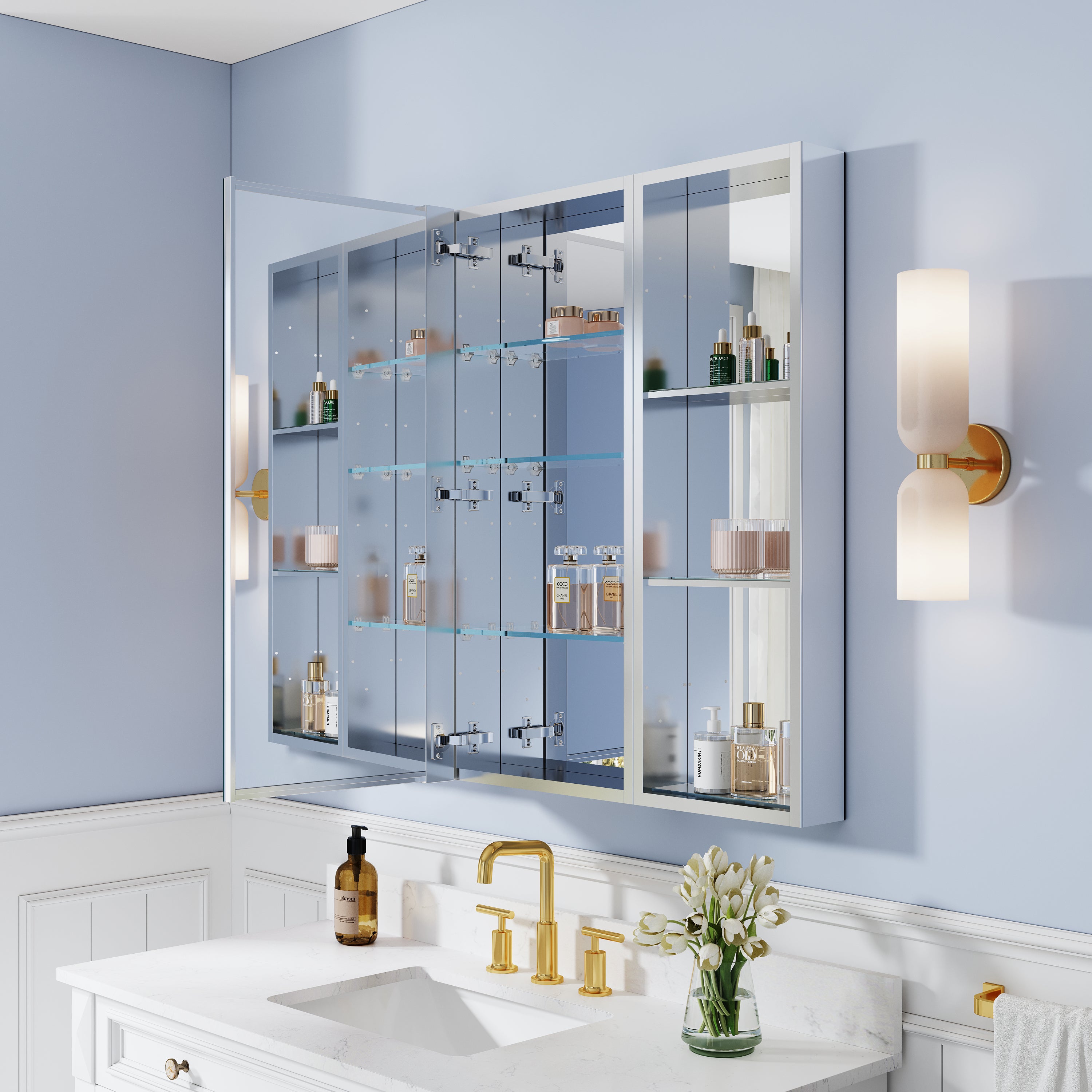 40 in. ×36 in. Bathroom Medicine Cabinet Set with Copper-Free Tri-View Mirror and Open Side Cabinet, Recessed or Surface Mount