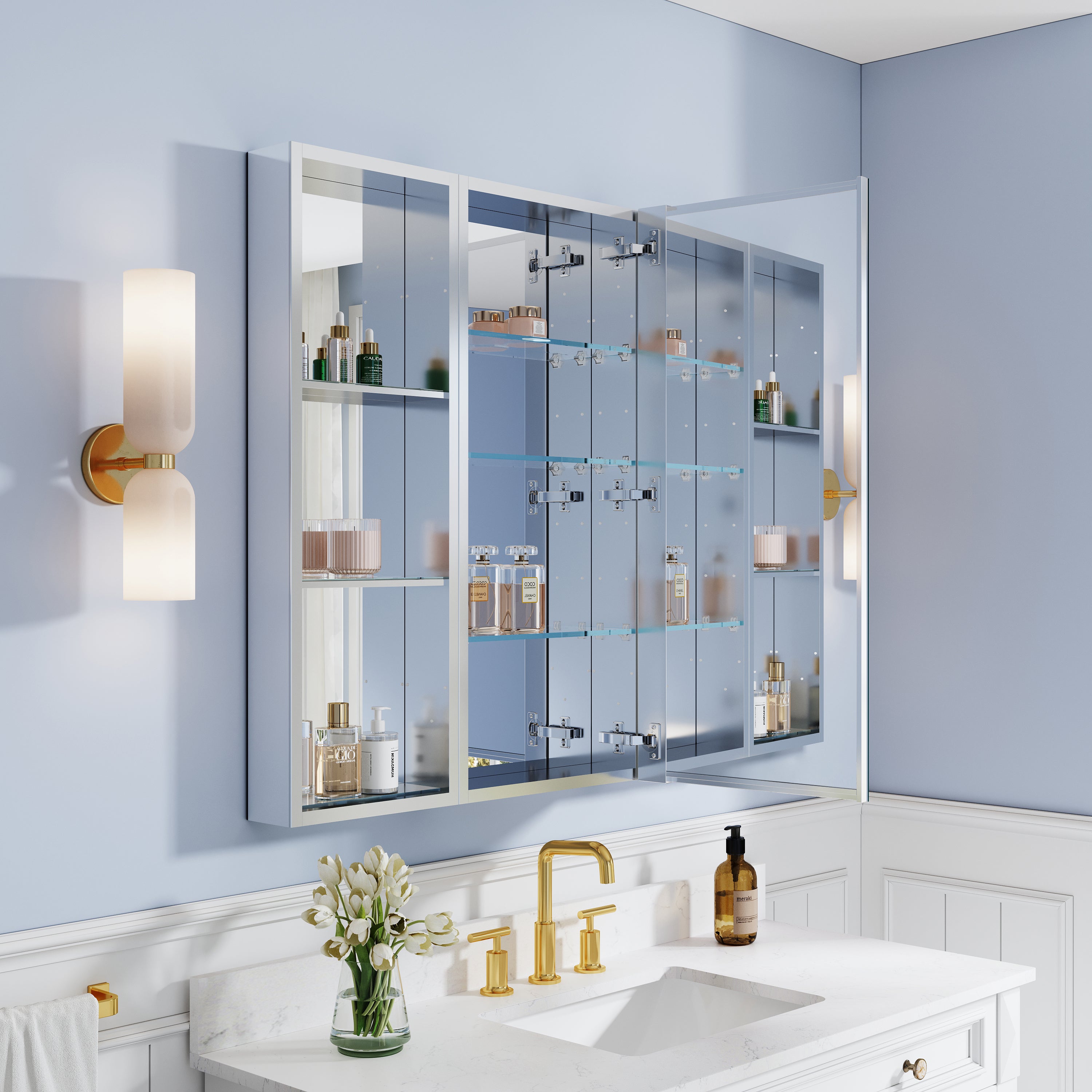 40 in. ×36 in. Bathroom Medicine Cabinet Set with Copper-Free Tri-View Mirror and Open Side Cabinet, Recessed or Surface Mount