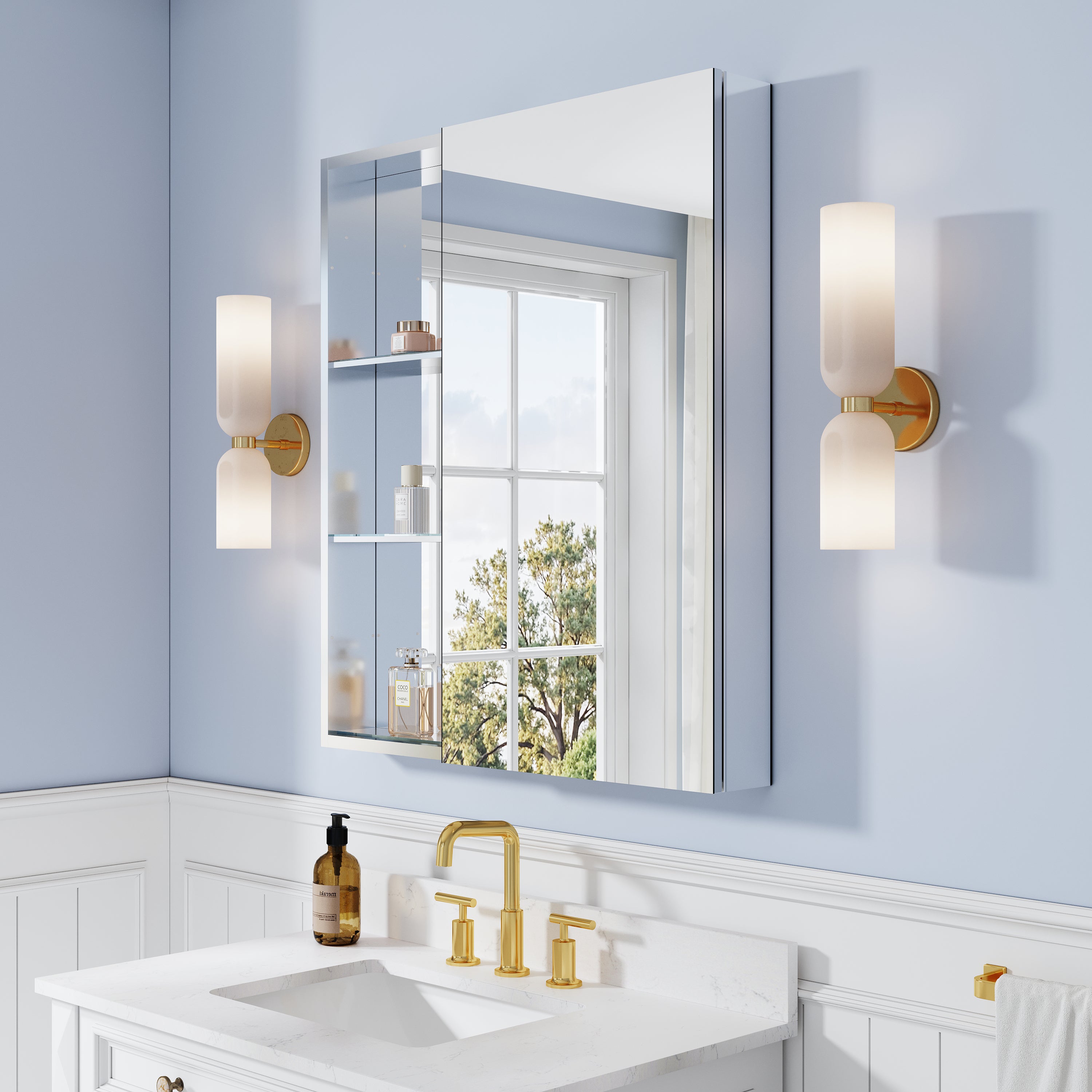 32 in. ×36 in. Bathroom Medicine Cabinet Set with Copper-Free Tri-View Mirror and Open Side Cabinet, Recessed or Surface Mount