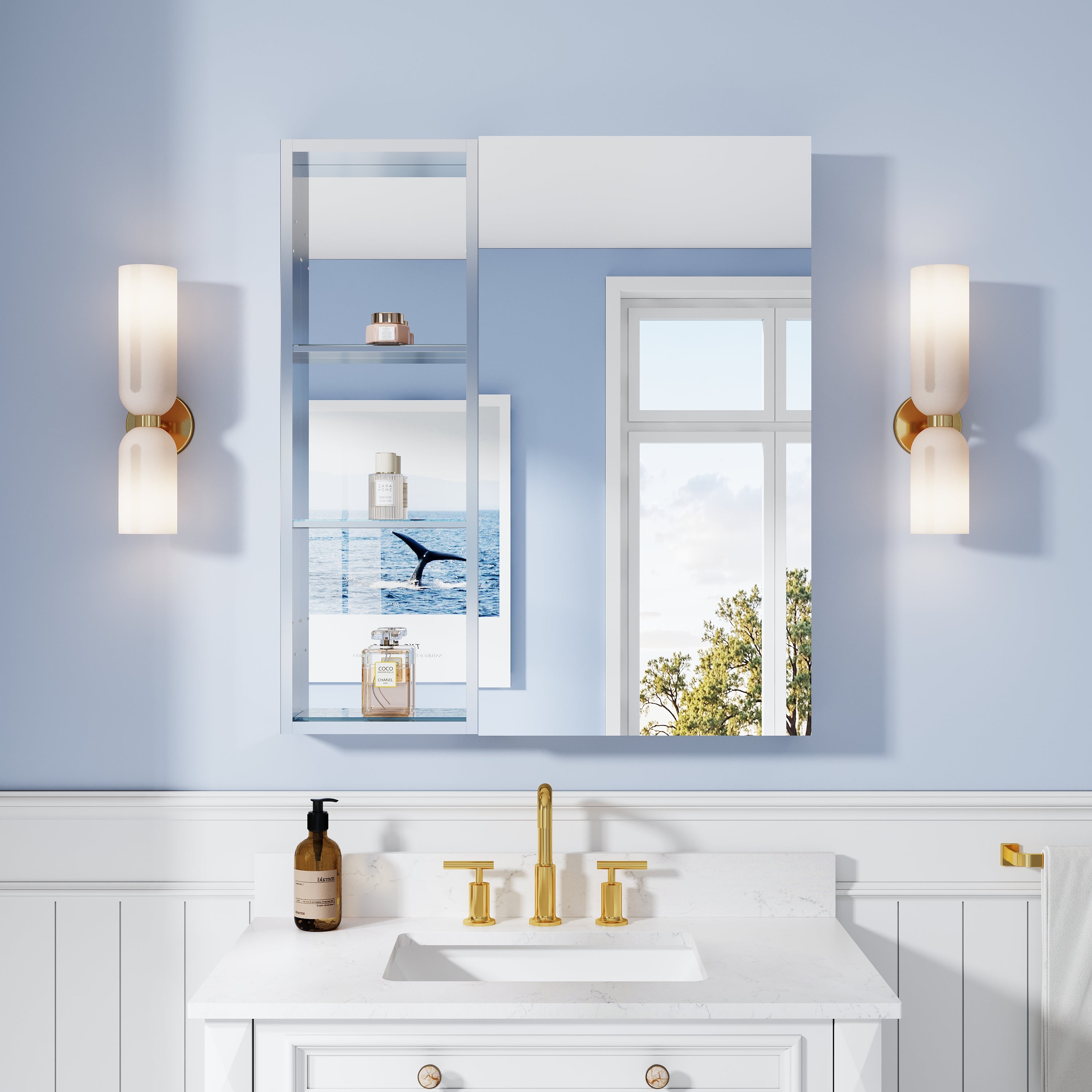 32 in. ×36 in. Bathroom Medicine Cabinet Set with Copper-Free Tri-View Mirror and Open Side Cabinet, Recessed or Surface Mount