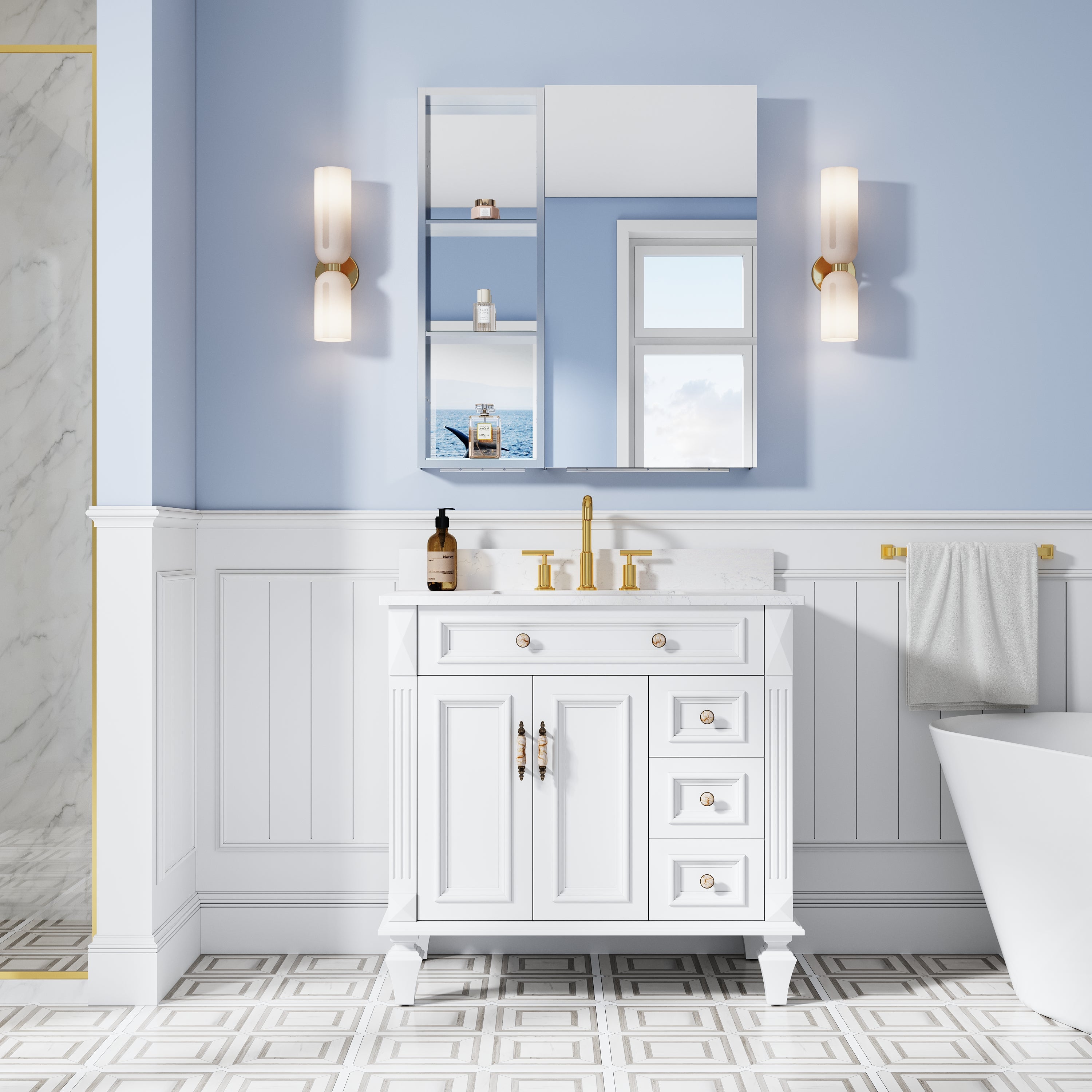 32 in. ×36 in. Bathroom Medicine Cabinet Set with Copper-Free Tri-View Mirror and Open Side Cabinet, Recessed or Surface Mount