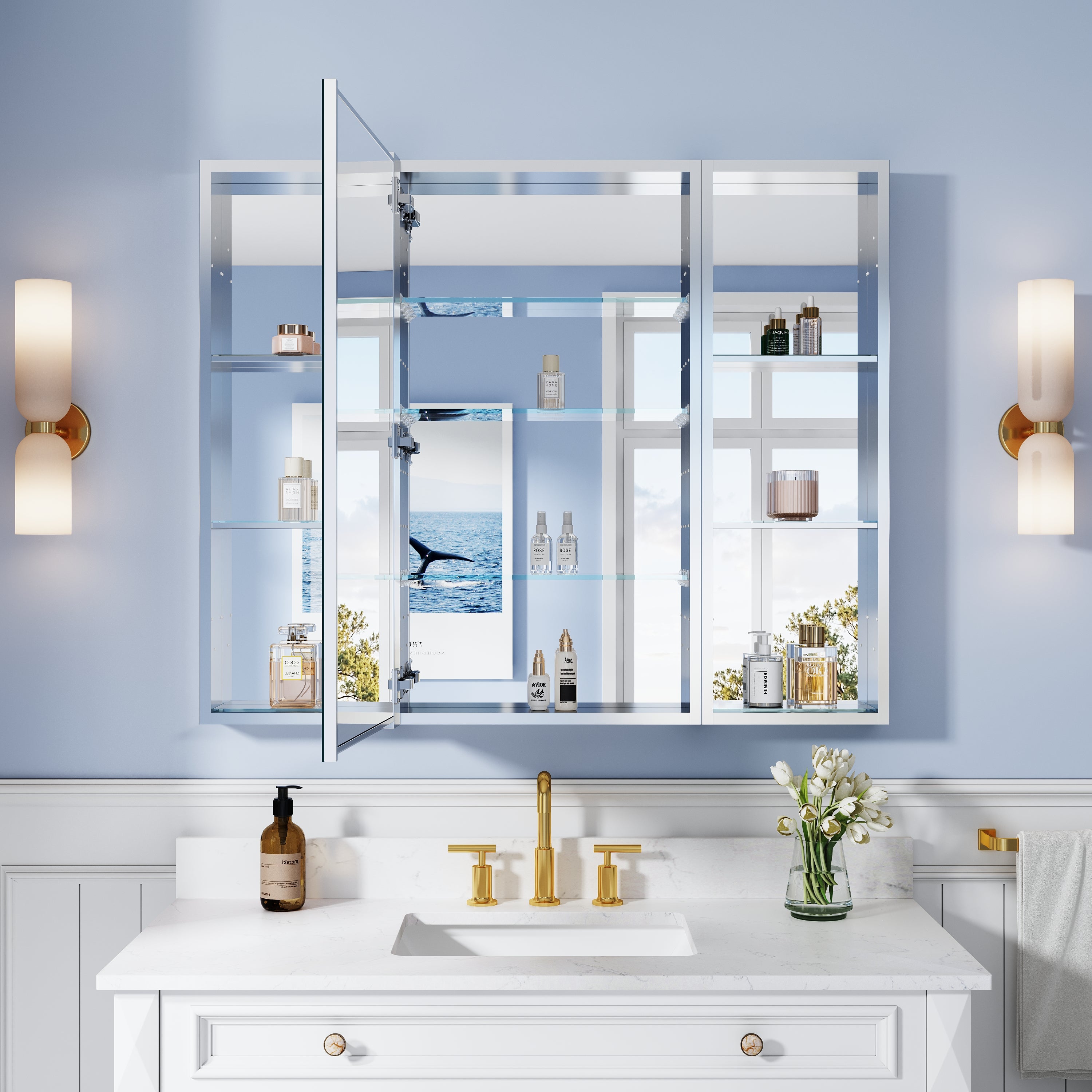 44 in. ×36 in. Bathroom Medicine Cabinet Set with Copper-Free Tri-View Mirror and Open Side Cabinet, Recessed or Surface Mount