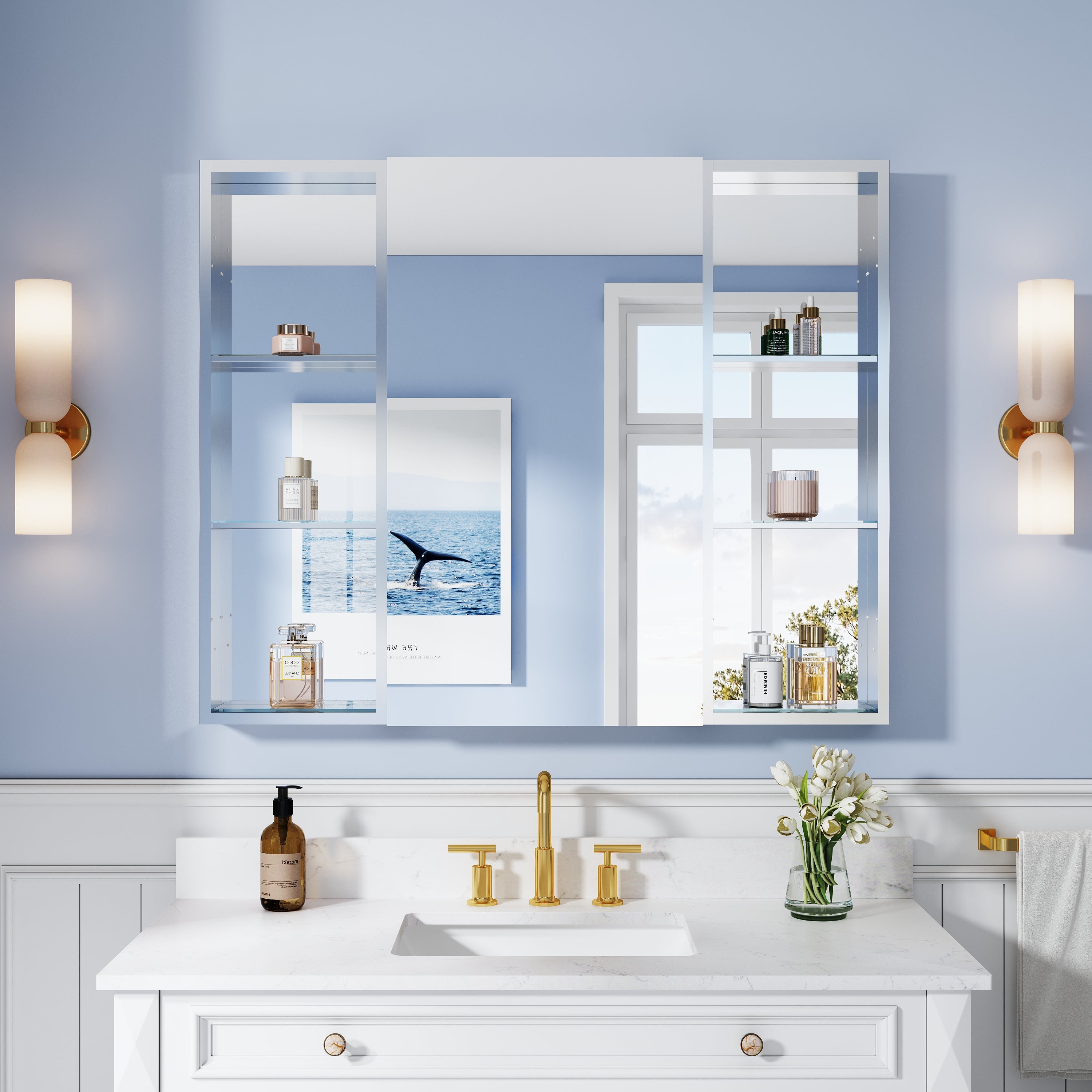 44 in. ×36 in. Bathroom Medicine Cabinet Set with Copper-Free Tri-View Mirror and Open Side Cabinet, Recessed or Surface Mount