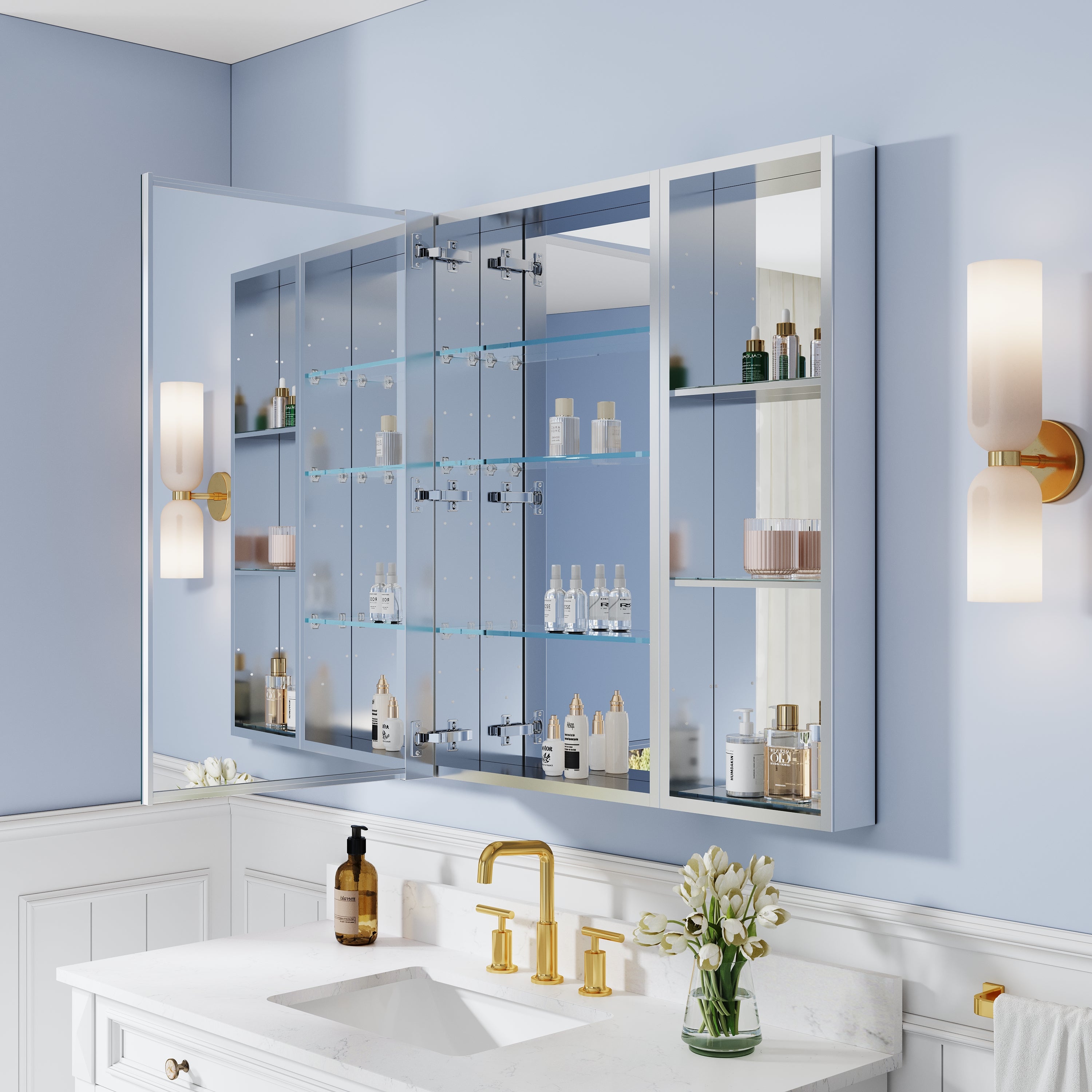 44 in. ×36 in. Bathroom Medicine Cabinet Set with Copper-Free Tri-View Mirror and Open Side Cabinet, Recessed or Surface Mount